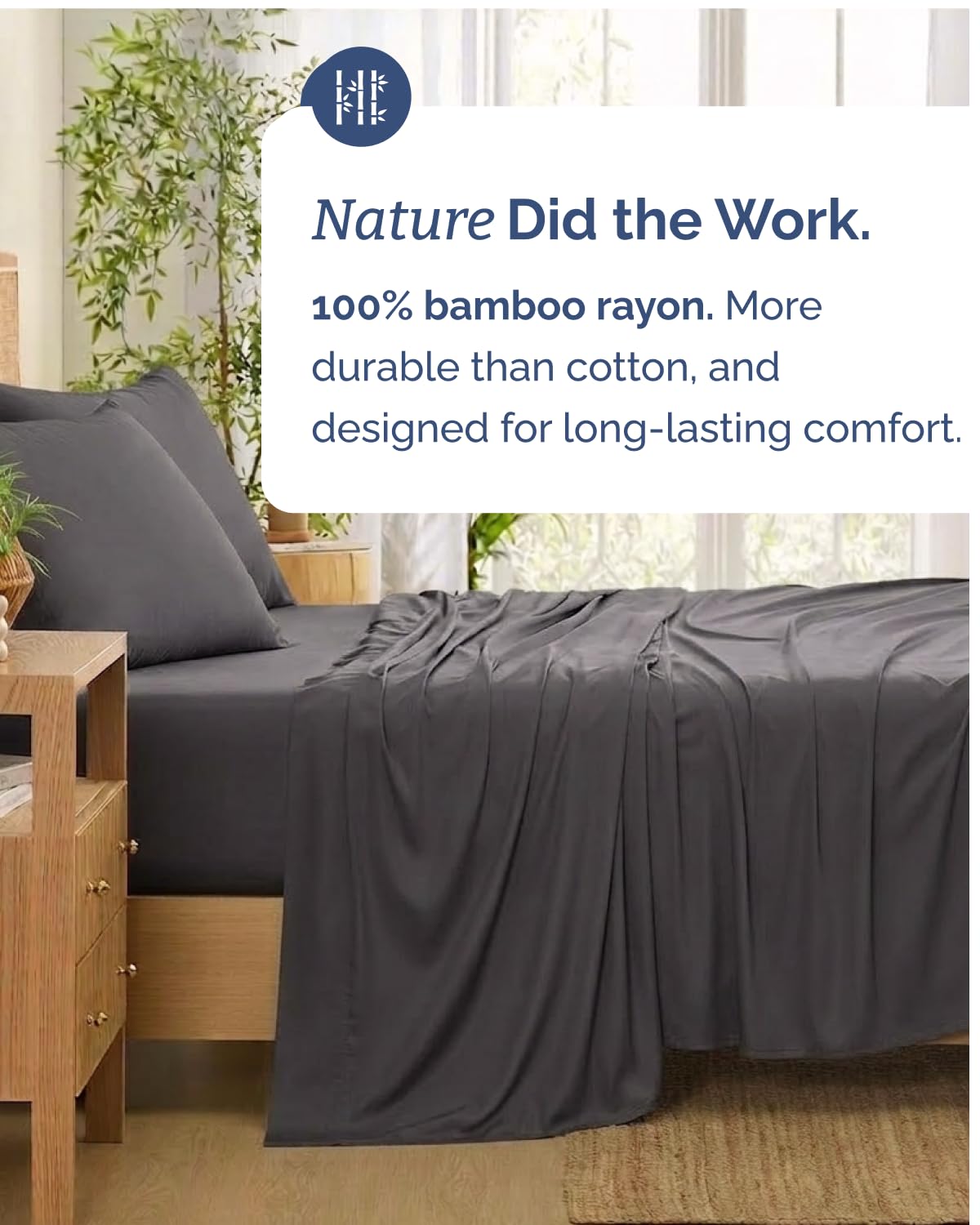 100% Rayon Derived From Bamboo - Bamboo Sheets Queen Size - Cooling Sheets for Queen - Soft, Breathable & Hotel Luxury Bedding - 1 Flat & 1 Fitted & 2 Pillowcases w/ 18 Inch Deep Pockets - Dark Grey