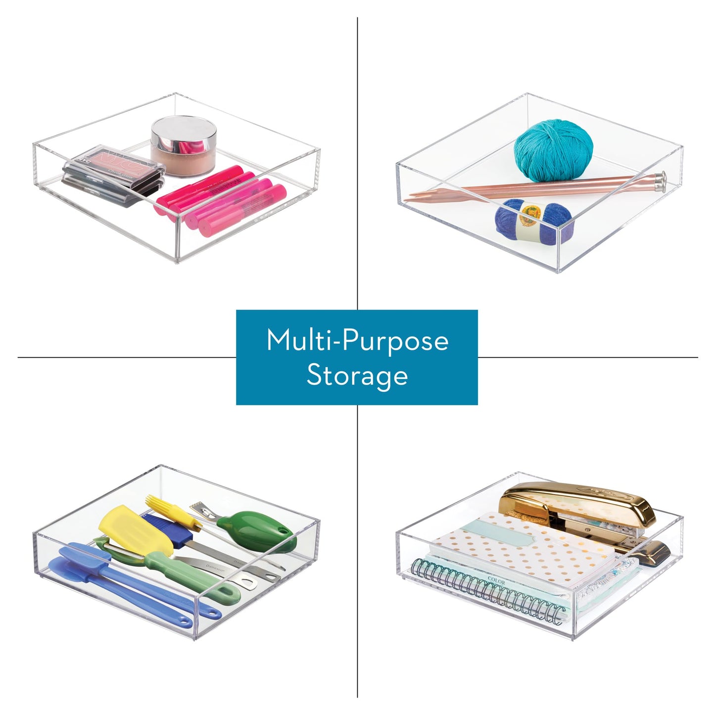 iDesign Stackable Makeup Drawer Organizer Tray - Vanity Organizer or Desk Organizer, Set of 4, Clear