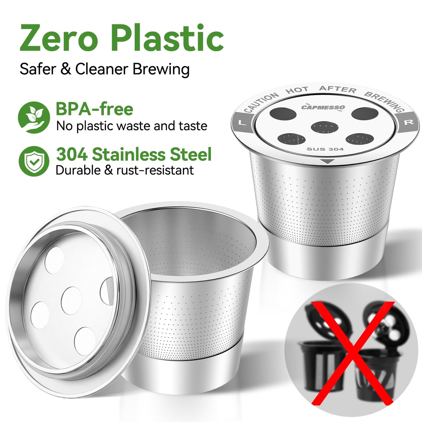 CAPMESSO Reusable K Cups for Keurig: 2026 Updated All Stainless Steel Coffee Pods with 5 Holes for Keurig K Supreme, K Slim, K Duo Gen 2 Multistream Coffee Maker with Scoop, Zero Plastic (4 Pack)