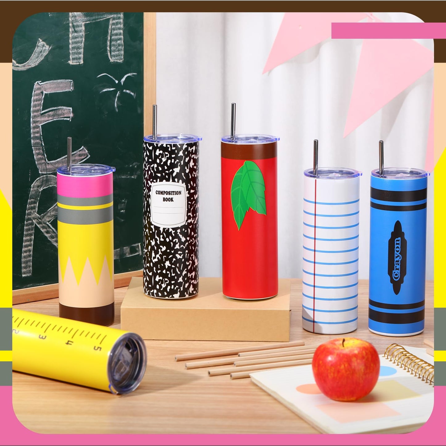 Geiserailie 6 Pcs Teacher Appreciation Gifts Composition Book Theme 20 oz Tumblers Bulk Kindergarten Teachers Thank You Gift Cups for Women Preschool Teacher's Day Classroom Retirement Party Favors