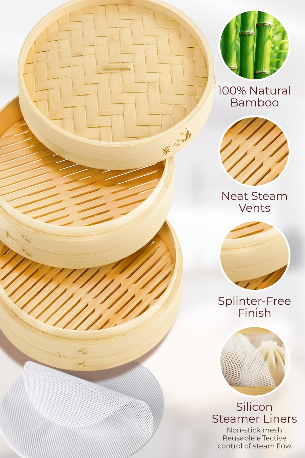 Prime Home Direct Bamboo Steamer Basket 10-Inch | 2-Tier Steamer for Cooking | 50 Liners, Chopsticks, Sauce Dish | Steaming Asian Food, Bao Buns, Chinese, Dim Sum, Dumpling, Rice, Vegetable Steam Pot