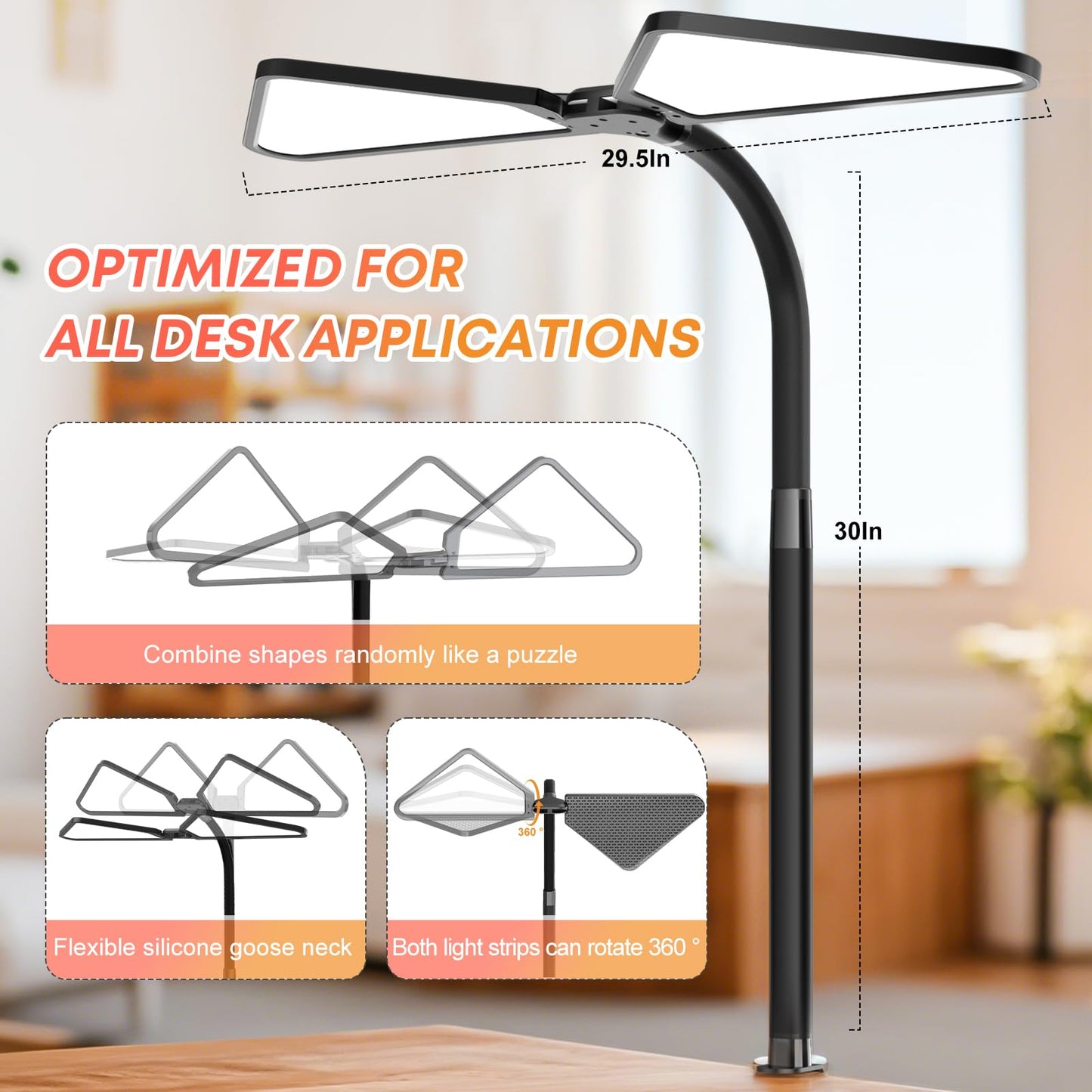AILBTON Ultra-Large Gooseneck Desk Lamp with Clamp| Dual-Source Super Bright LED Study Light with Flexible Arms, 5 Brightness & 4 Color Modes for Home Office/Reading