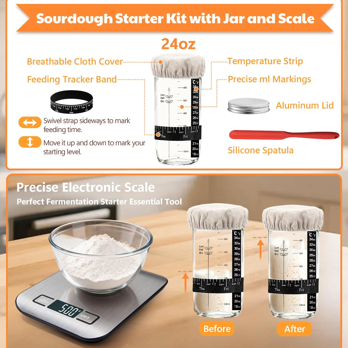 Sourdough Starter Kit with Scale, Banneton Bread Proofing Basket, Sour Dough Starter Jar, Complete Sourdough Bread Baking Supplies Tools, Full Sourdough Bread Making Tool, Gift Set for Bakers Beginner