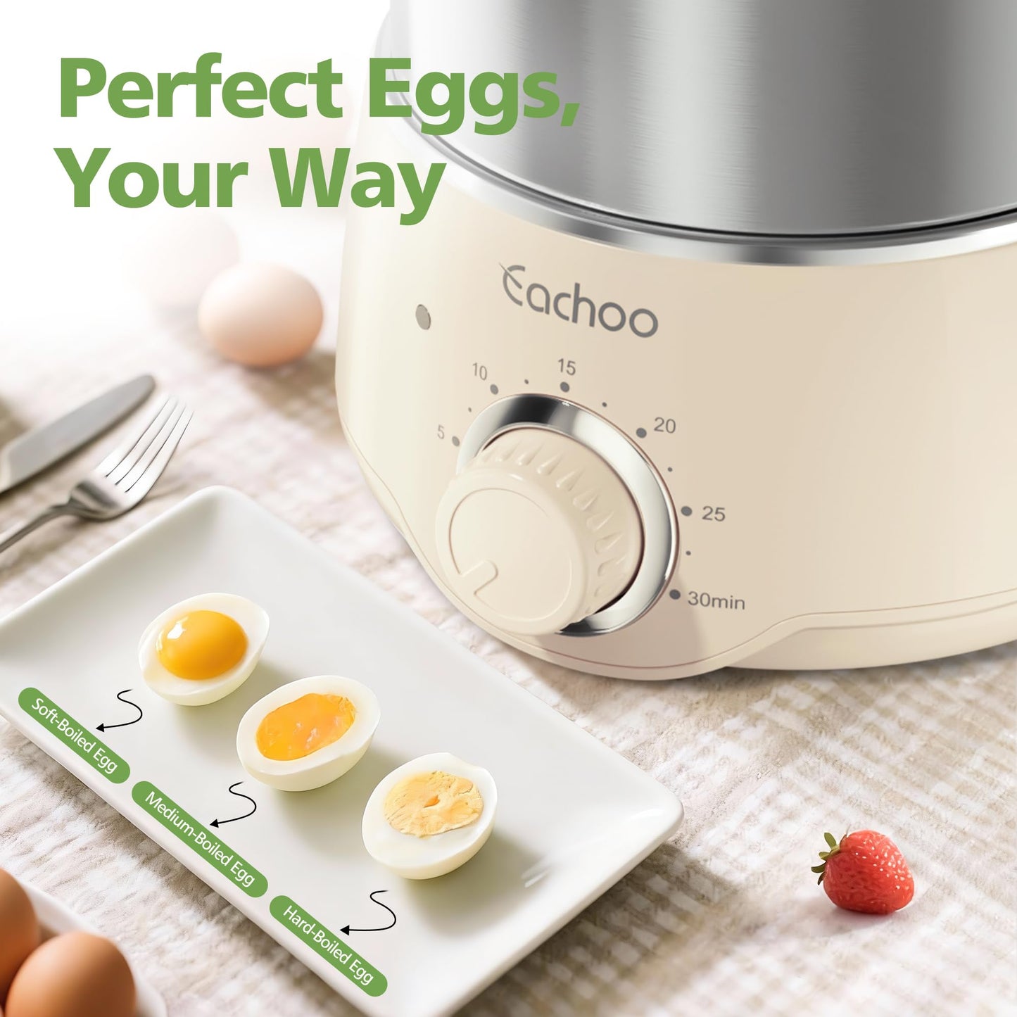 Hard Boiled Egg Cooker - CACHOO 14-Egg Rapid Stainless Steel Egg Boiler with 30-Min Timer & Auto Shut Off, Compact Electric Vegetable Steamer for Cooking, Dishwasher Safe, Beige
