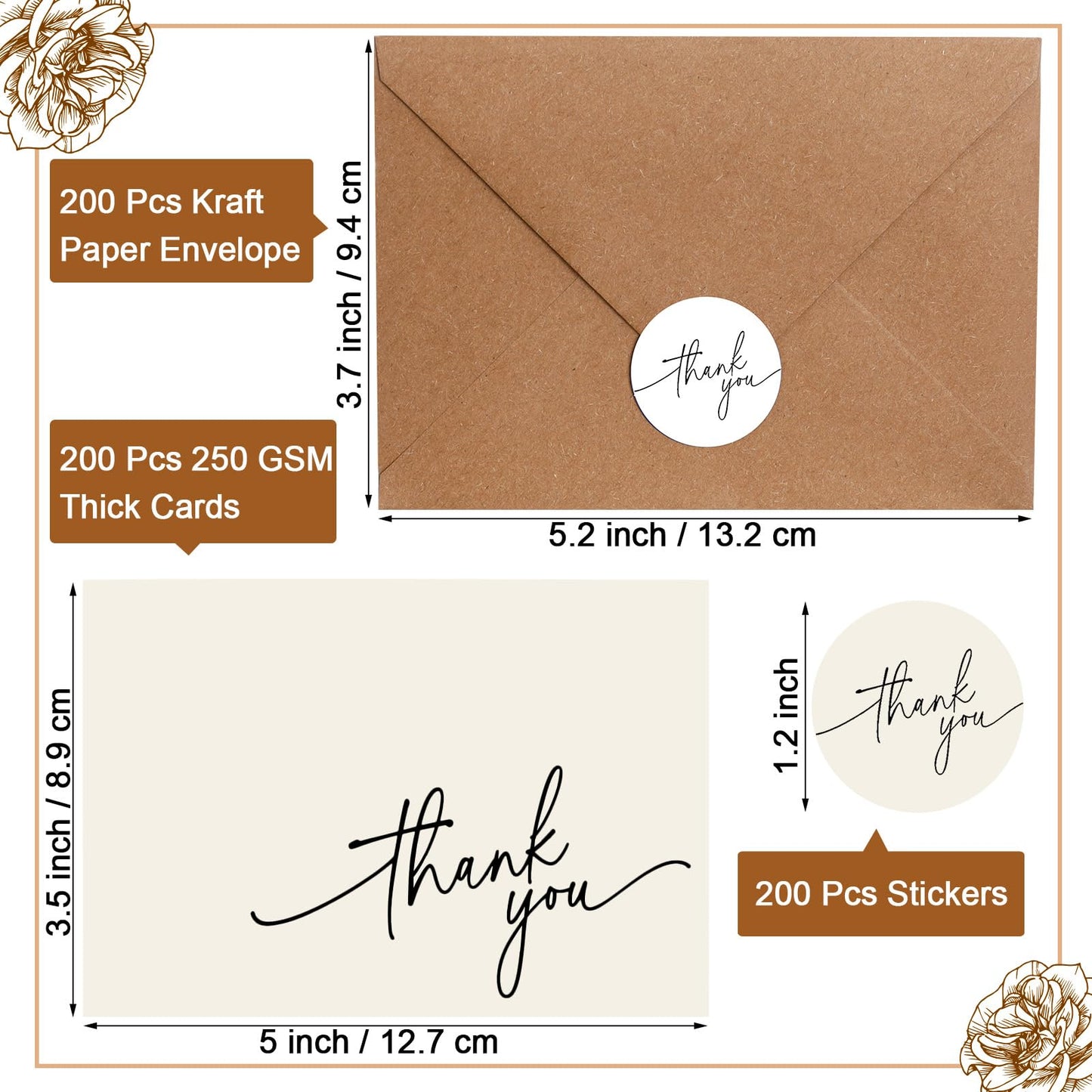 Gueevin 200 Pcs Thank You Cards with Kraft Envelopes and Stickers Bulk, 3.5 x 5 Inch Classy Blank Thank You Notes for Wedding, Business, Graduation, Baby Shower, Bridal Shower, Funeral(Cream)