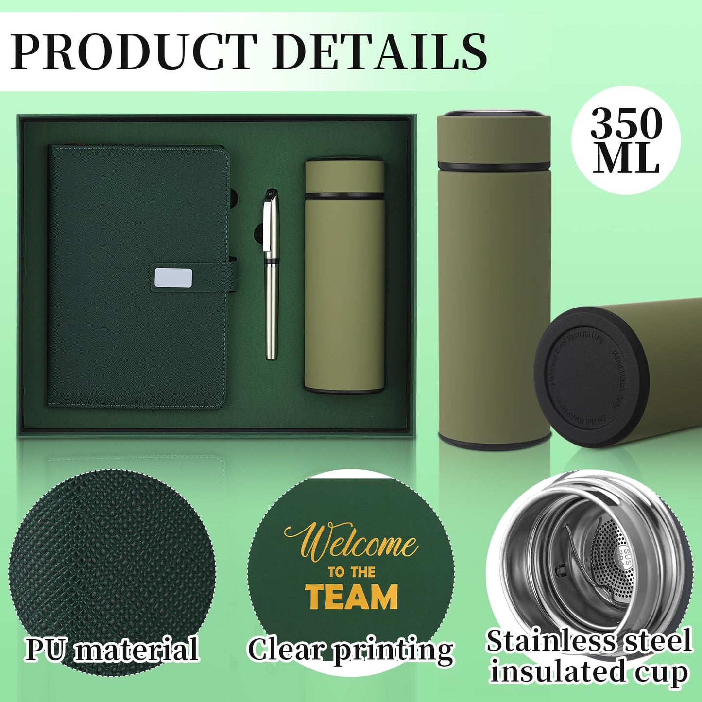 Thenshop Set of 5 New Employee Welcome to The Team Gift Sets Notebook Pen and Tumbler Welcome to The Team Box Employee Appreciation Gift Sets for New Worker Men Women Office(Green)