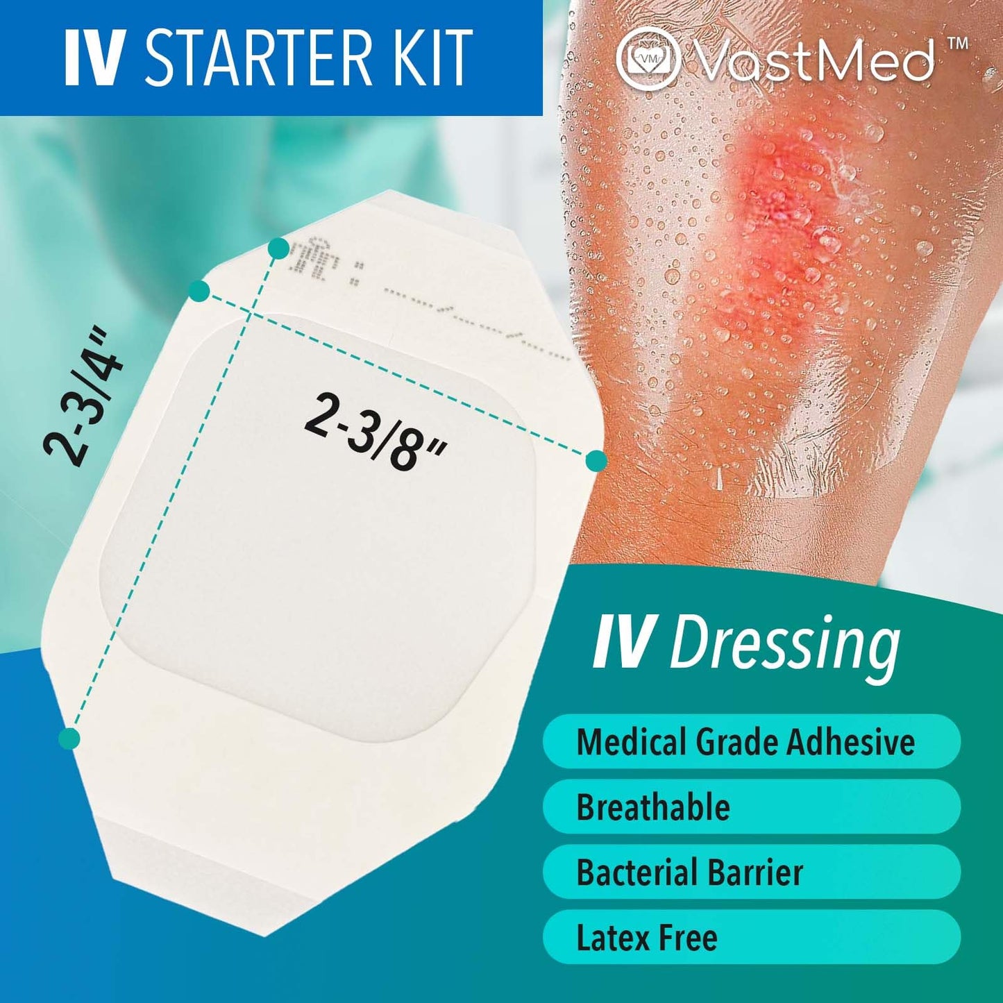100 PCs IV Starter Kit with Gauze/Chlorascrub Swab LF by VASTMED | Posi-Guard Catheter Securement Device & Transparent Window Dressing | Latex-Free Tourniquets