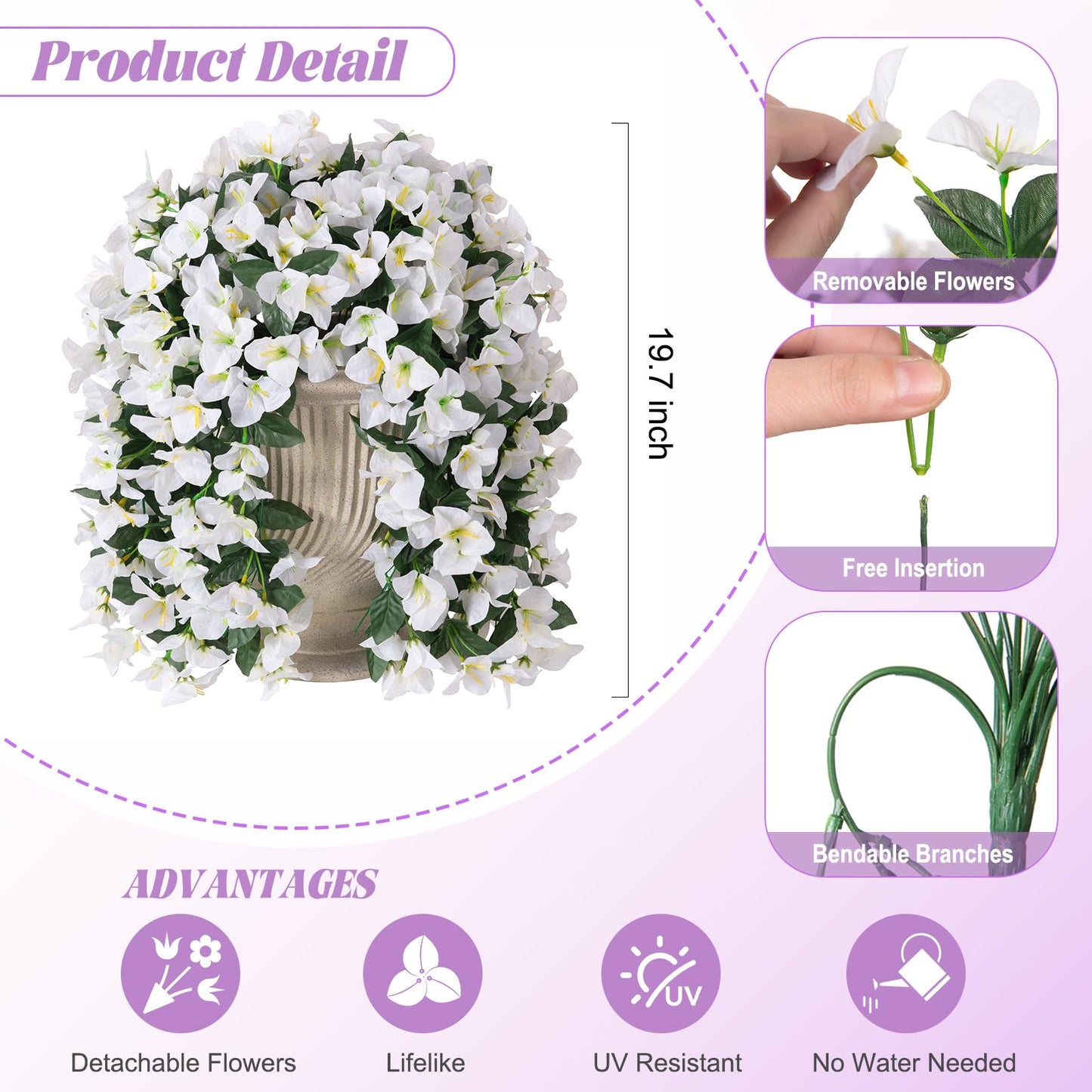 INXUGAO 2 pcs Artificial Faux Bougainvillea Flowers Plants for Outdoor Outside Summer Decoration, Fake Silk UV Resistant Long Trailing Vines for Front Door Porch Planter Balcony (White)