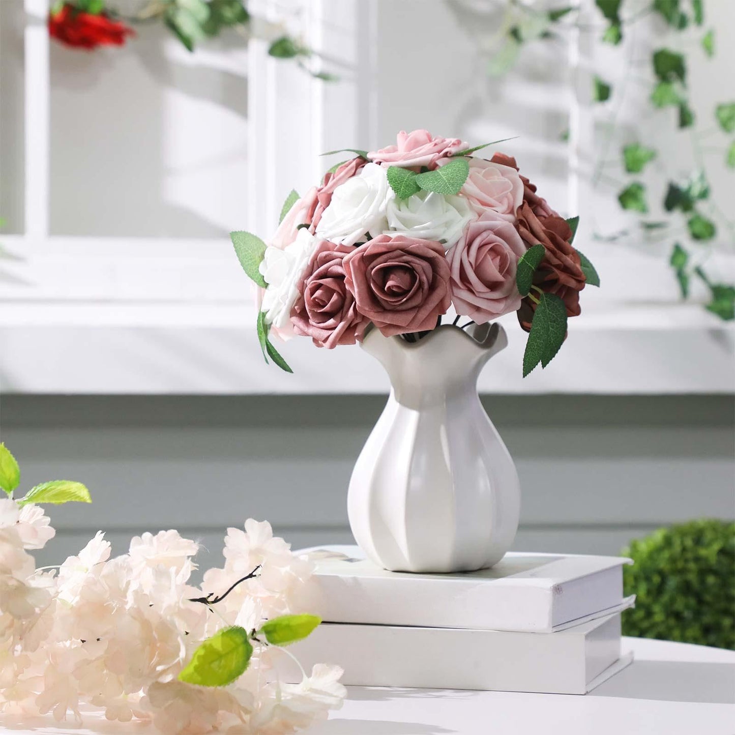 Luinabio 100 Pcs Artificial Foam Rose Flower Faux Bouquet Wedding Fake Rose Gift for Mother's Day Women DIY Bridal Shower Party Table Birthday Home Spring Decor (Shades of Dusty Pink)