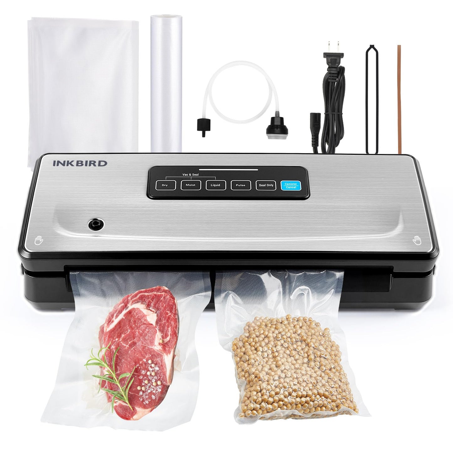 Food Vacuum Sealer Machine 10-In-1 with Bag Storage(Up to 20FT) and Cutter, INKBIRD Food Sealer Vacuum Sealer for Food with Moist/Dry/Canister 5 Food Modes, Starter Kits Bags*5 and Bag Roll*1, 85KPa