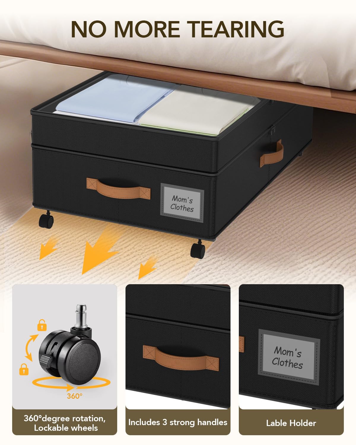 Megapuxin Under Bed Storage with Wheels, 10 inches Under Bed Storage Containers, 65L XXL Large Adjustable Underbed with Lids, Rolling Underbed Storage bins for Shoes, Clothes, Blankets, Black