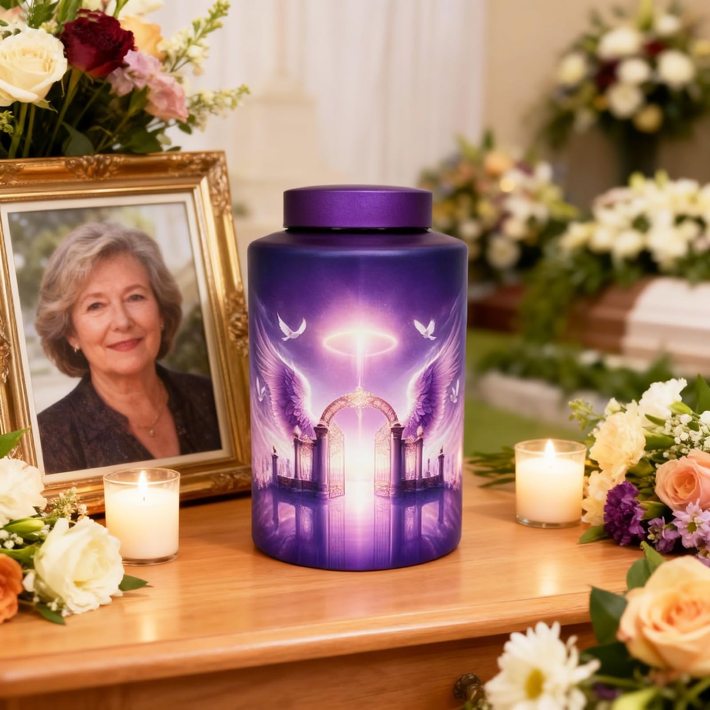 Large Stainless Steel Urns for Adult Human Male Female Ashes, Decorative Funeral Cremation Urn for Women Man Remains, Waterproof Keepsake Memorial Ash Box for Home Decor,Burial(Gate of Heaven)