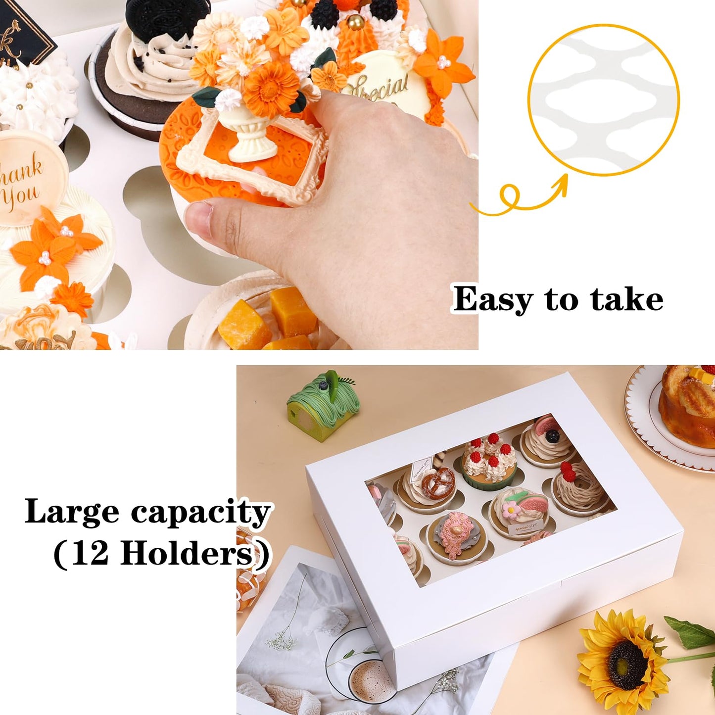 Moretoes 60PCS Cupcake Boxes with Window,Hold 12 Count Graduation Cupcake Containers for Grad Party Dessert Packaging (White)