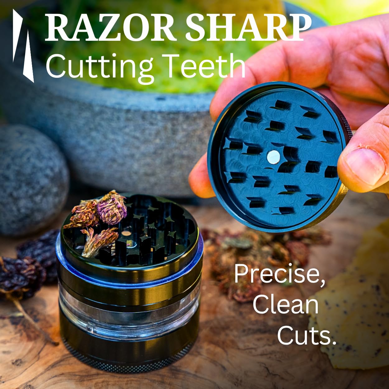 Cinder Brands - Clear Cut 4 Piece Herb Grinder – 2.75" Manual Dry Herb Grinder, Spice Mill with Transparent Storage Chamber & Diamond-Sharp Teeth, Aluminum Alloy, Portable, Easy-Clean Design