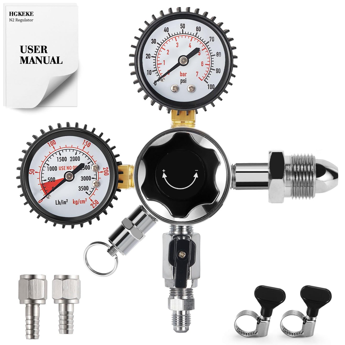 Hgkeke Nitrogen Regulator, Dual Gauge Nitrogen Keg Regulator CGA-580 Nitrogen Draft Beer Regulator with 1/4& 5/16 Outlet Barbs Pressure Release Valve, Nitrogen Cylinder Regulator Coffee Equipment