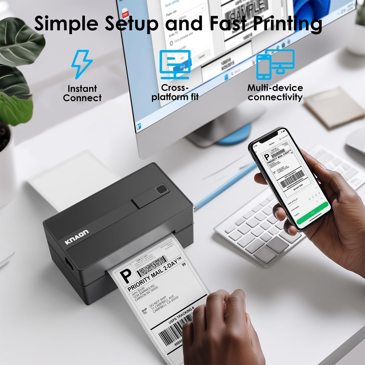 KNAON Bluetooth Thermal Shipping Label Printer, 4x6 Portable Thermal Address Label Printer for Small Business, Compatible with iPhone,Android,Windows,Mac,–Works with Etsy Shopify USPS&More, Black