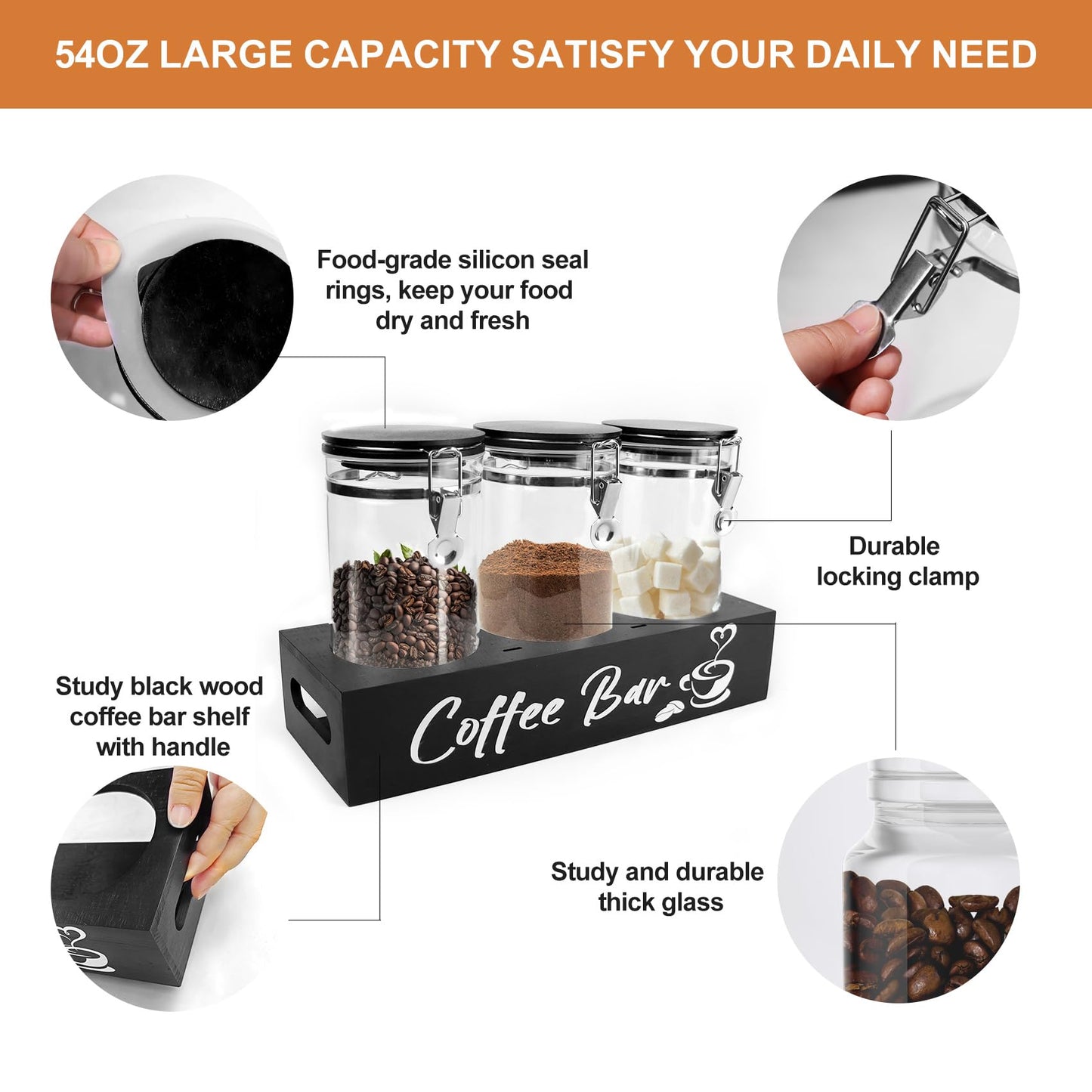 MACIFECI Glass Coffee Containers with Shelf Coffee Station Organizer 54oz Black Glass Coffees Bean Storage Canister with Spoon Coffee Canister Set Kitchen Food Storage Jars for Coffee/Sugar/Candy