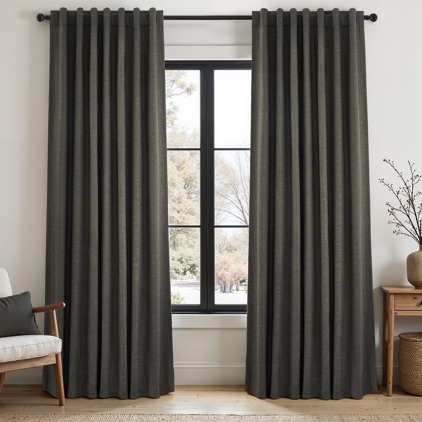 Topfinel 100% Blackout Linen Textured Curtains 84 inches Long Charcoal Gray Thermal Insulating Privacy Energy Saving for Bedroom Living Room Window Office Theater Baby Nursery Back Tab 2 Panels