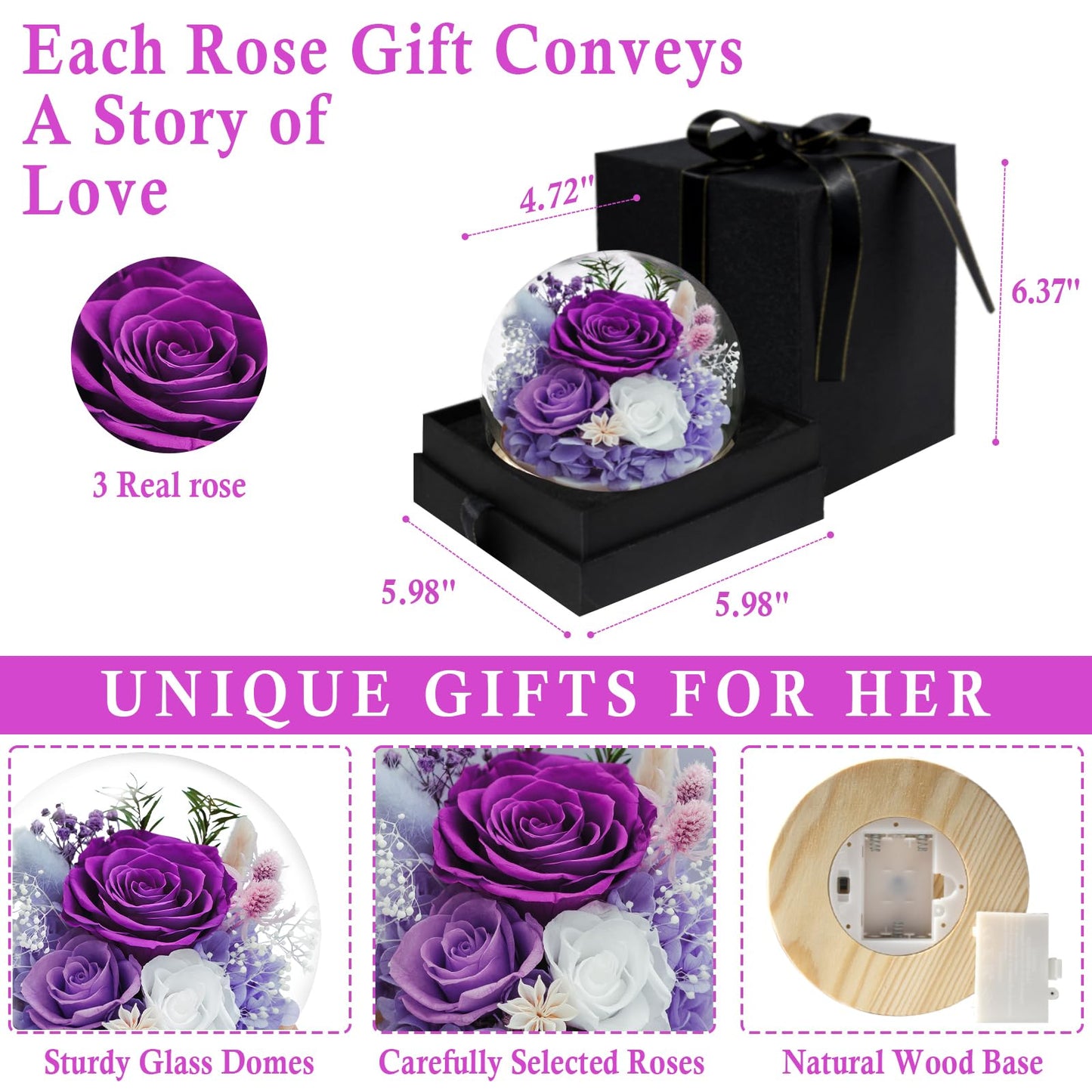 FIACO Gifts for Mom Mothers Day Women Birthday Preserved Flowers in Glass Dome Forever Fresh Flowers for Delivery Eternal Roses Gifts for Grandma Wife Daughter Friends
