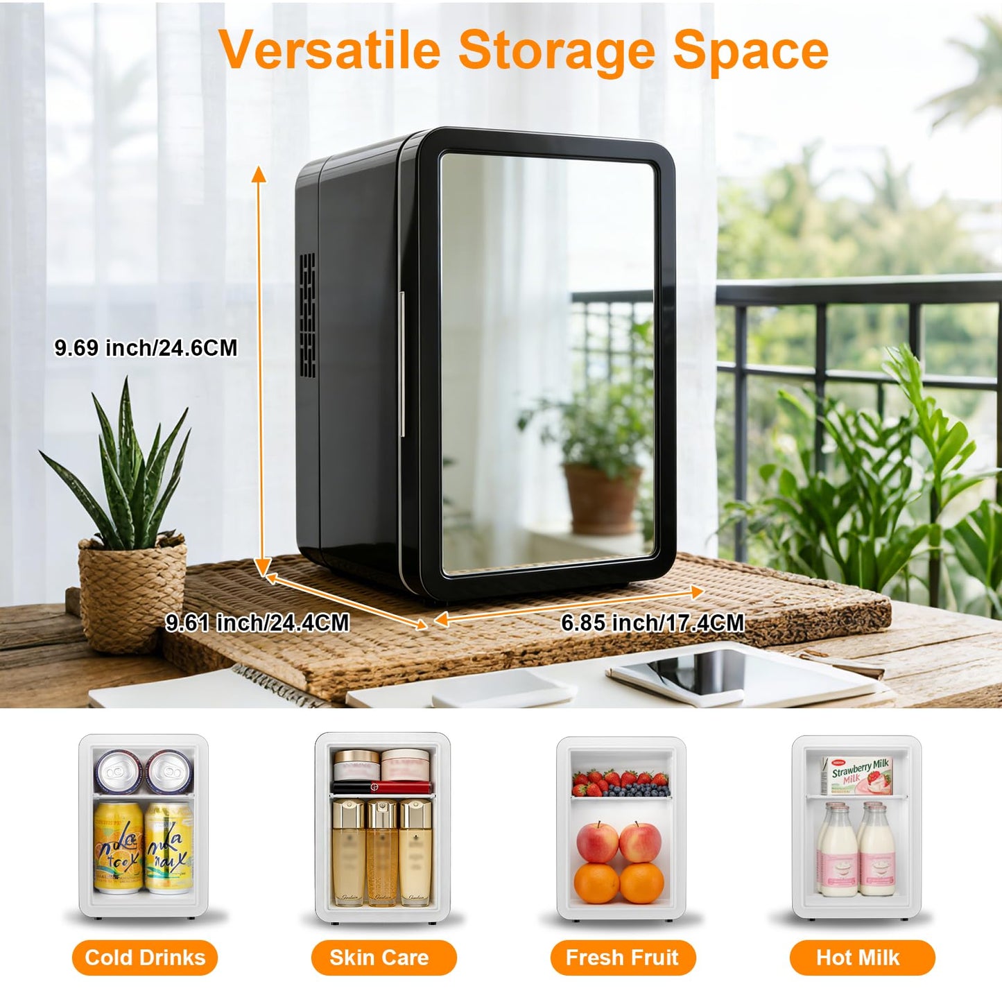 VANZBON Mini Fridge, Mini Compact Refrigerator with Gaming Light, 4 Liter/6 Cans Small Refrigerator with Mirror Door, AC/DC Portable Mini Cooler and Warmer Fridge for Bedroom, Car and Gaming Room