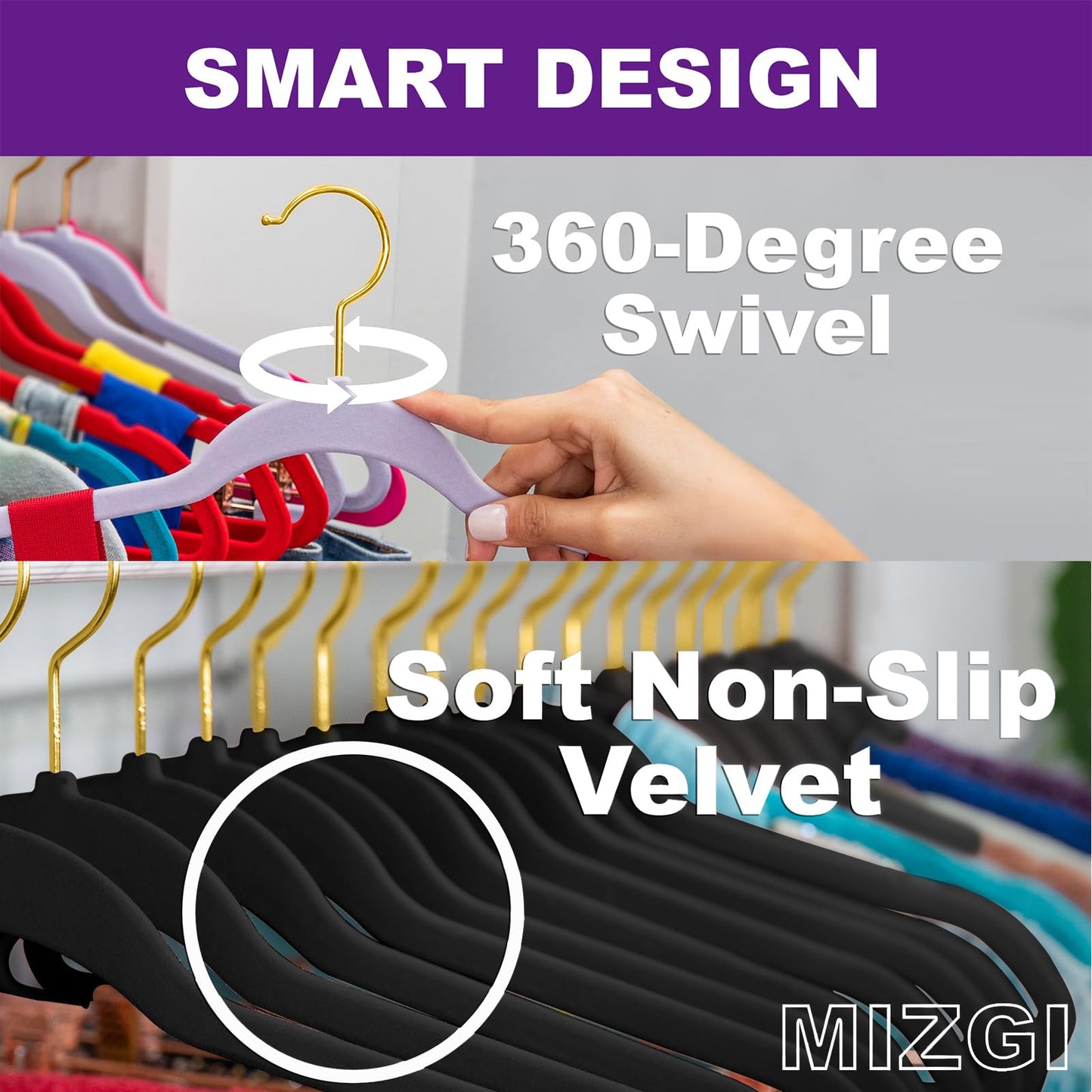 MIZGI Black Velvet Hangers 60 Pack,Premium Gold Clothes Hangers Non-Slip Felt Hangers,Sturdy Black Heavy Duty Coat Durable Suit Hanger for Space Saving, No Flocked Marks