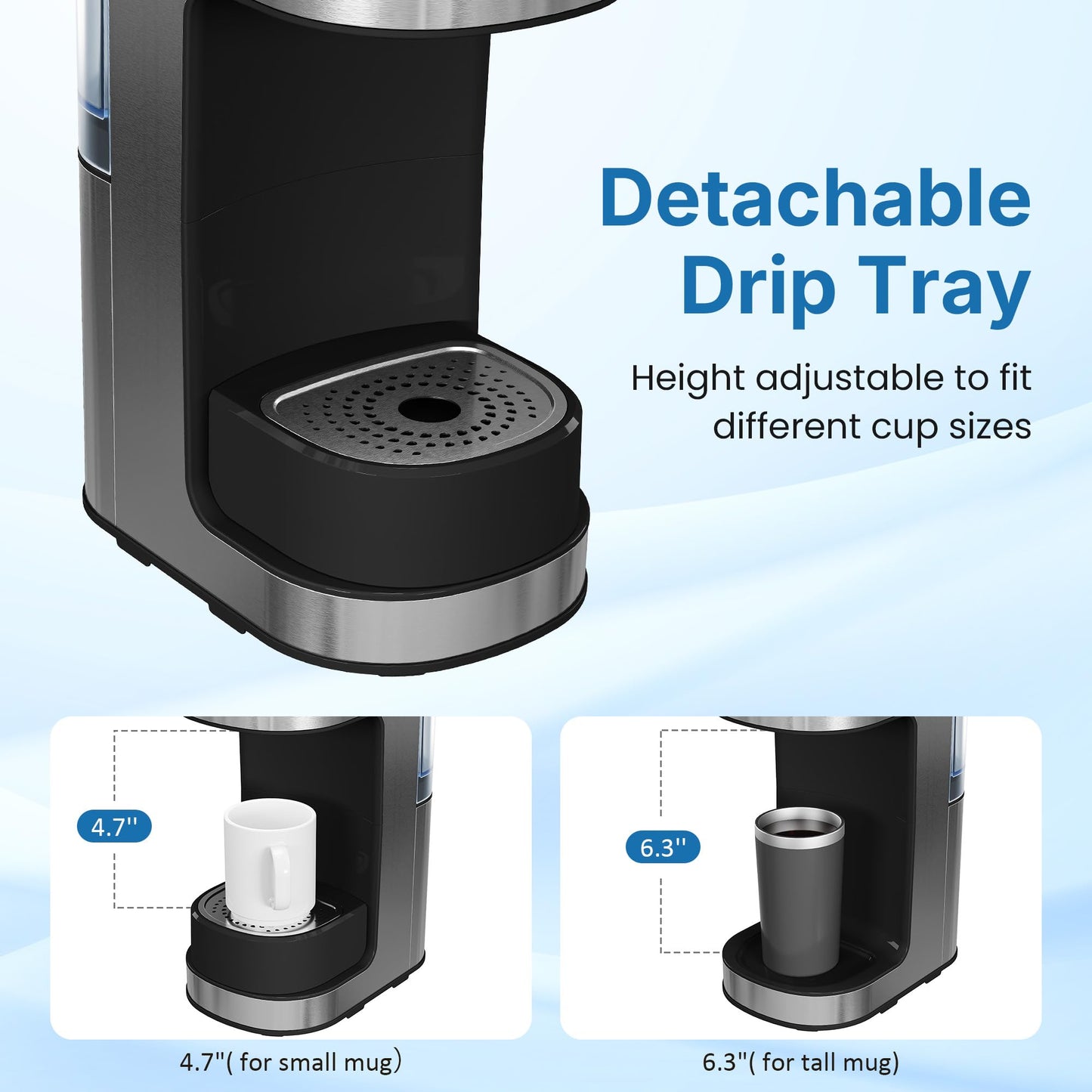 SUNVIVIPRO Single Serve Coffee Machine Brewer: 3-in-1 Iced Coffee Maker for K Pod Pods, Ground Coffee, and Teas with Removable Water Reservoir 6 to 14oz, 2 Cup Trays, Self-Cleaning Function, Black