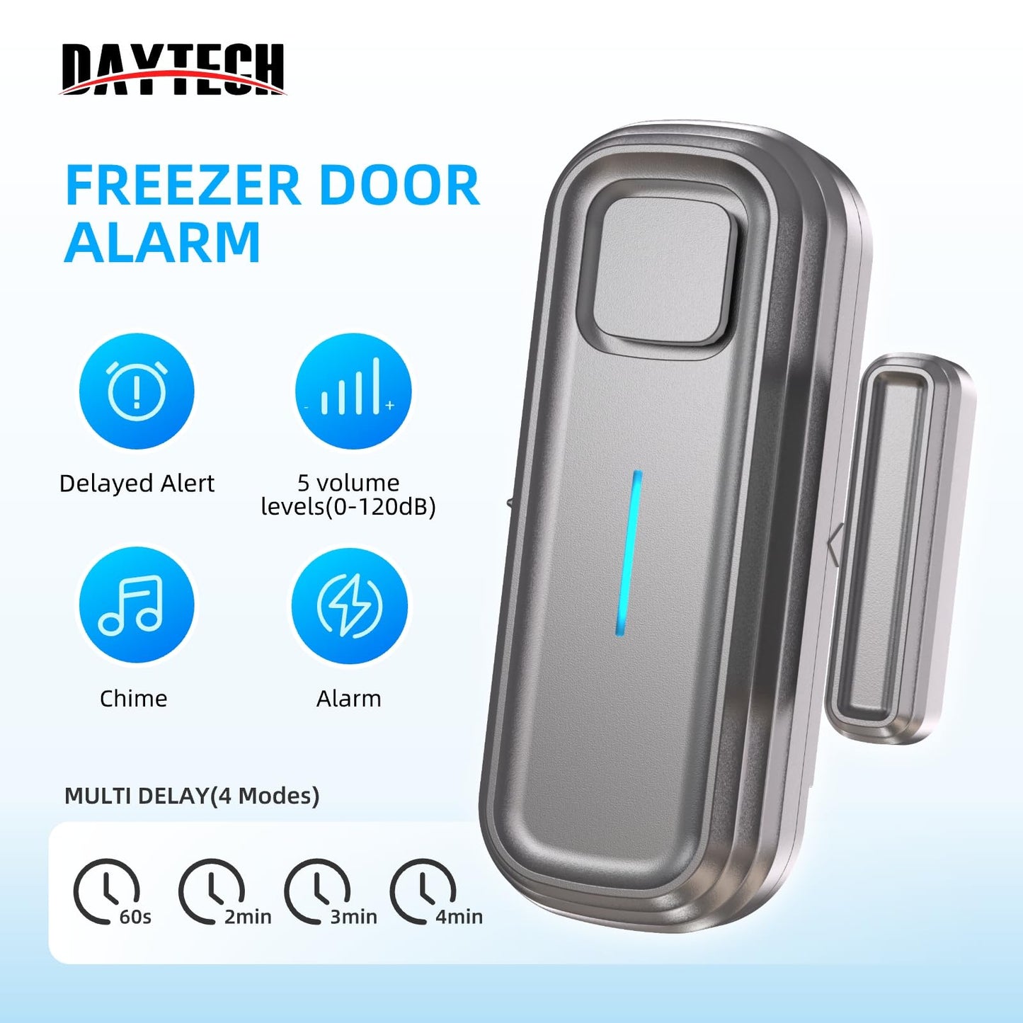 Daytech Refrigerator & Freezer Door Alarm - 1-4 Minute Adjustable Delay, 0-120dB Alarm, 3-Pack for Home, Supermarket & Business (Grey)
