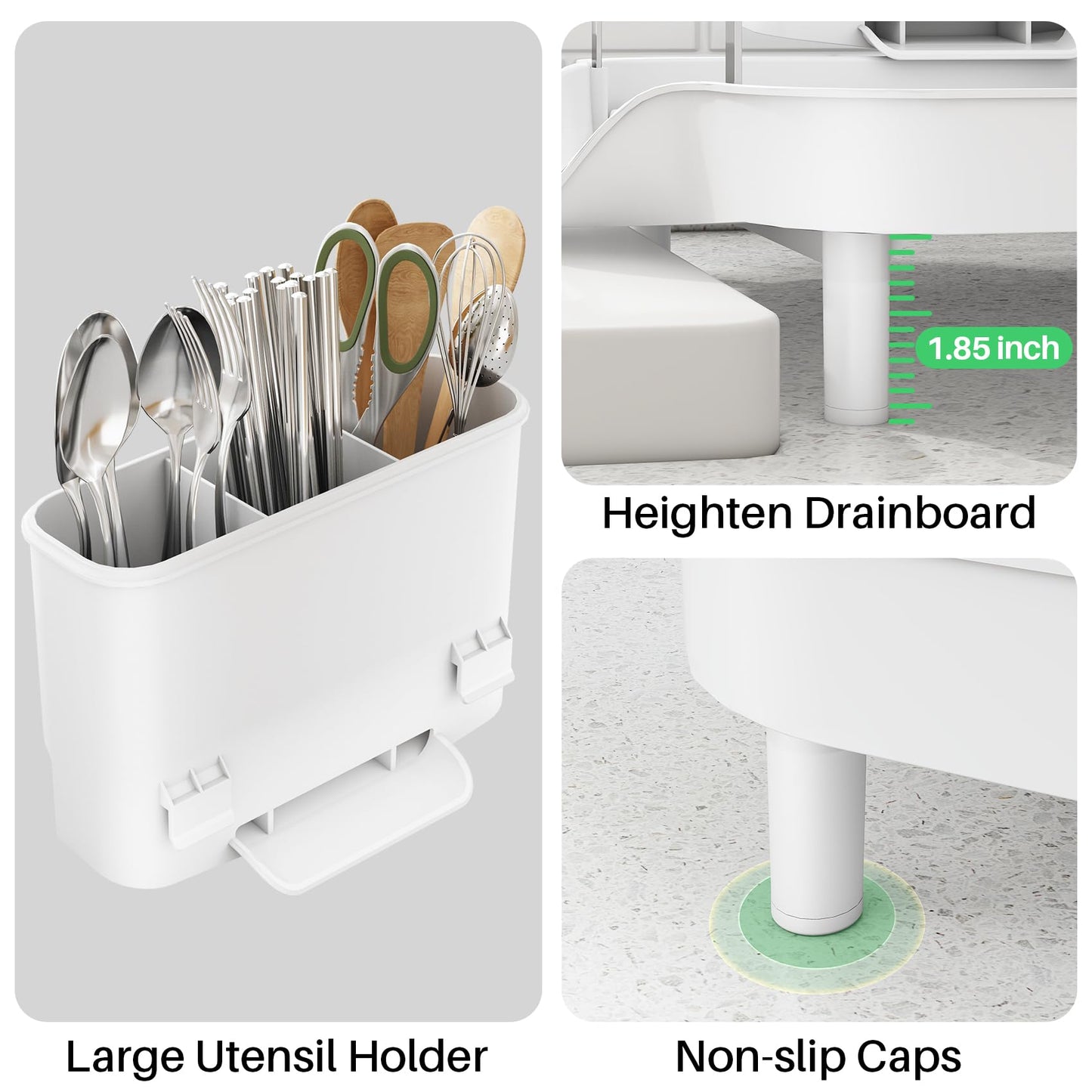 SAYZH Dish Drying Rack - Expandable Dish Rack for Kitchen Counter, Rust-Resistant Dish Drainer with Utensil Holder and Raised Guardrail, Kitchen Organizer for Cup and Bottle (White)