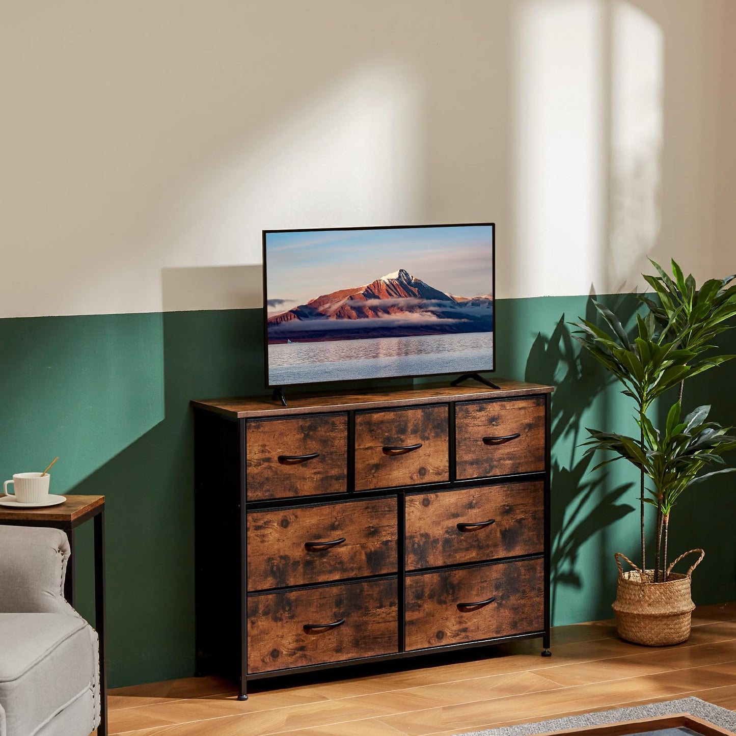 OLIXIS 7 Drawer Dresser for Bedroom, Wide Fabric Storage Tower with Wooden Top and Metal Frame, Closet Chest Organizer Furniture, TV Stand for Living Room Hallway, Rust Brown
