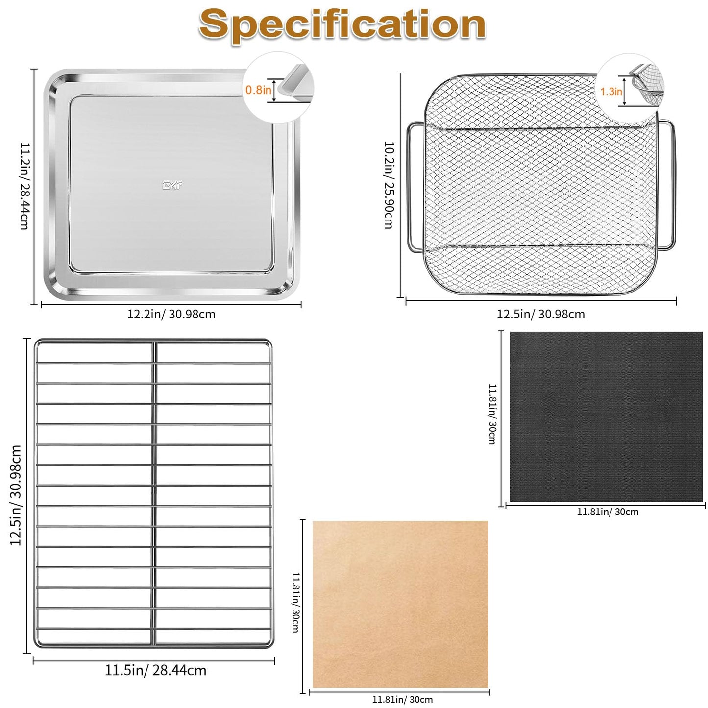 GWYSY 5-Pack Air Fryer Replacement Set for Emeril Lagasse 26QT, Includes Non-Stick Baking Pan, Basket, Air Fryer Rack, 2 Mats & 100 Parchment Papers, Stainless Steel Bakeware Set