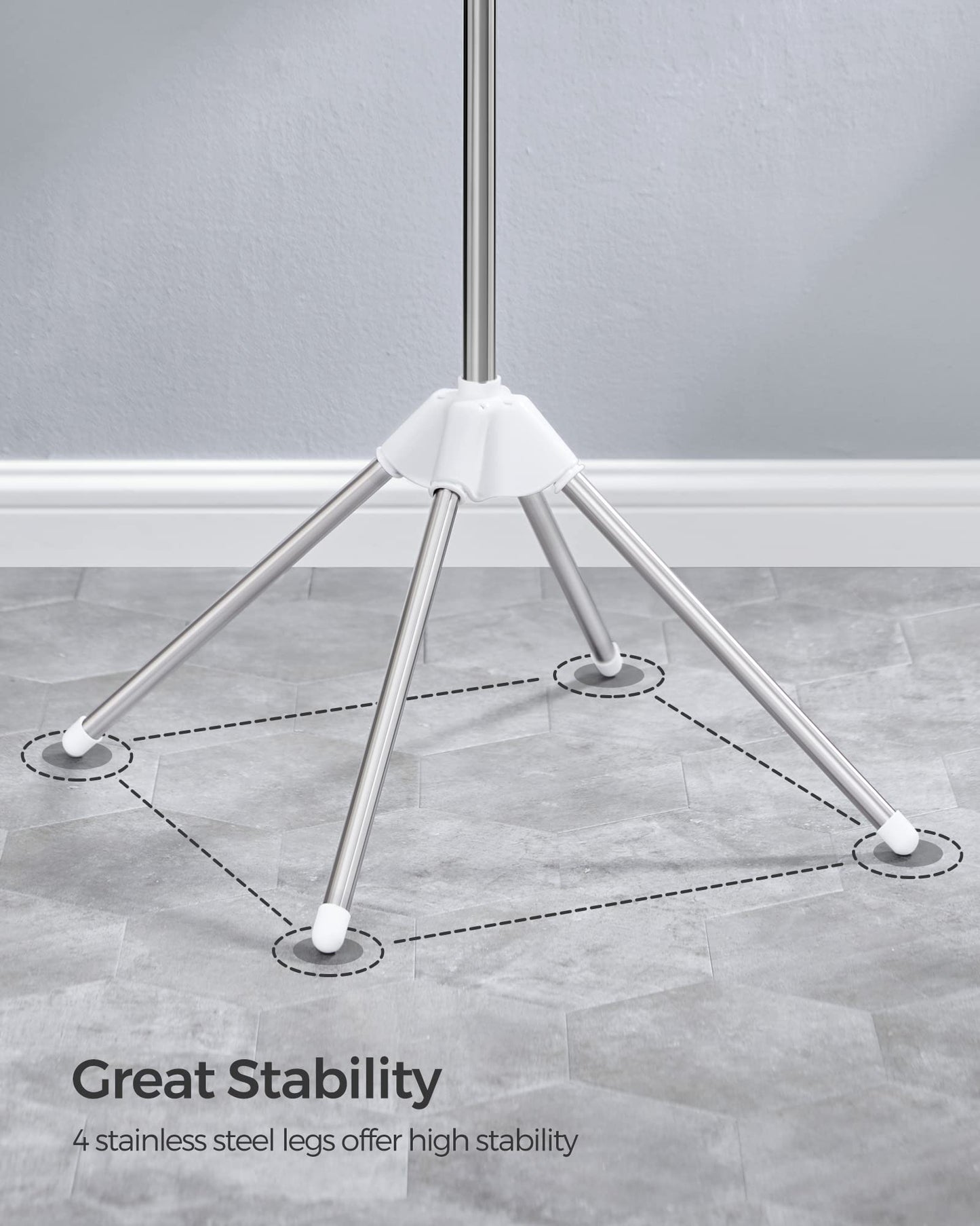 SONGMICS Clothes Drying Rack, 59-Inch Folding Laundry Drying Rack with 3 Rotatable Arms for Hangers, 4 Legs, Stainless Steel, for 27 Pieces of Clothes, White and Silver ULLR510W01