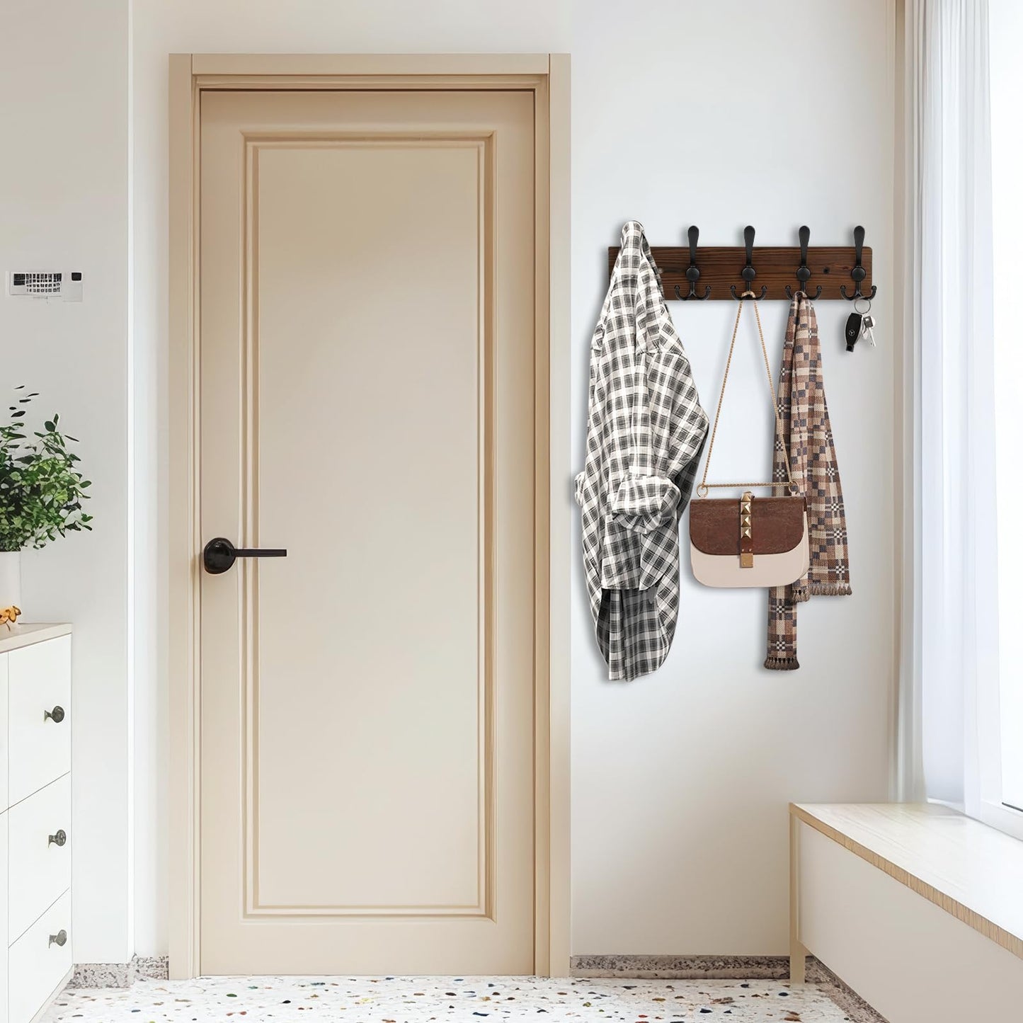 Wooden Coat Rack Wall Mount Heavy Duty, 2 Pack Coat Hanger Wall Mount with 5 Triple Hooks for Clothes, Jacket, Hat, Keys, Space Saving Entryway Organizer for Mudroom (‎Brown Plate & Black Hooks)