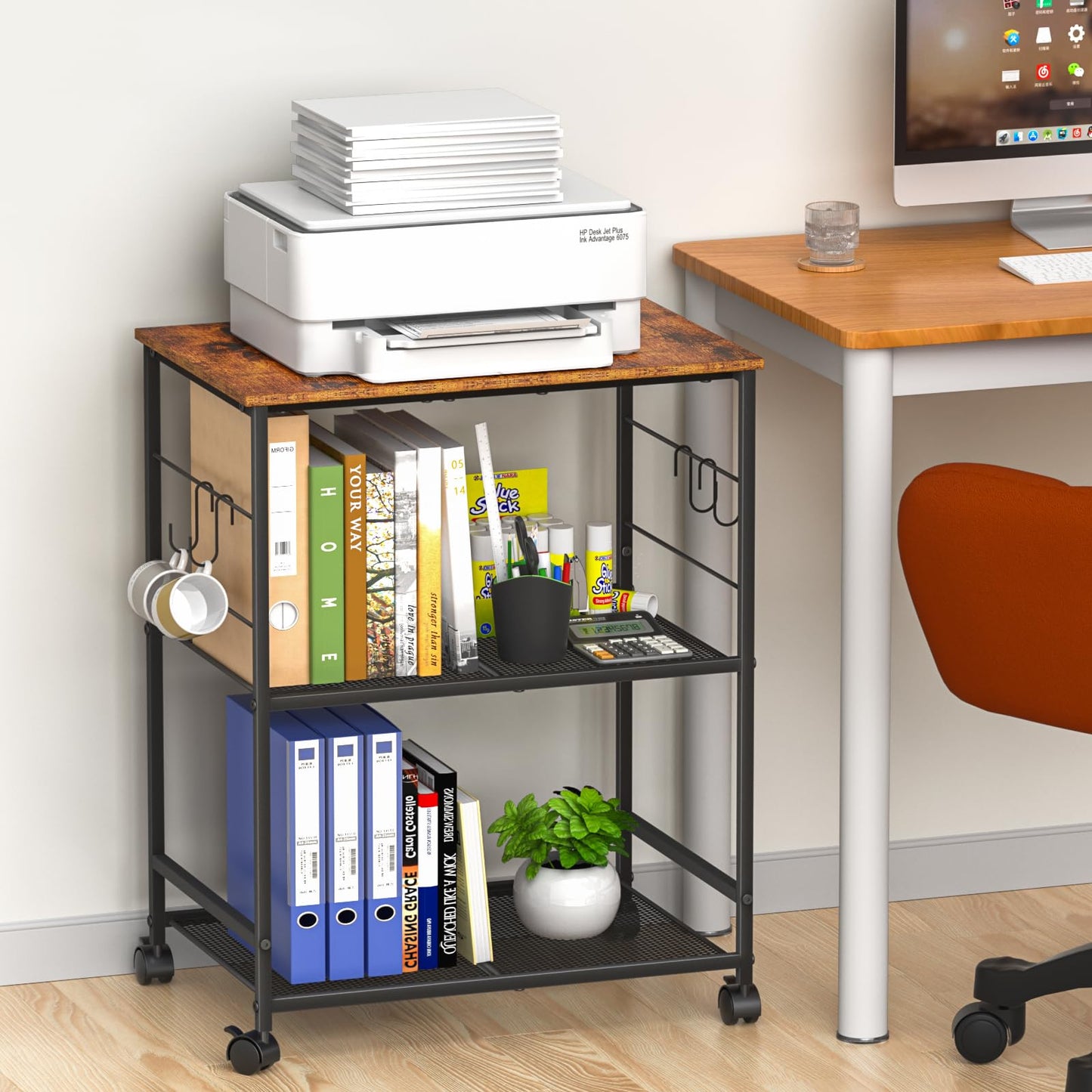 ThreeHio Printer Stand, 3Tier Printer Table with Wheels, Printer Cart with Storage Shelf, Printer Desk for Home Office Fax Machine Scanner, Rolling Cart for Kitchen, Laundry, Balcony, Living Room