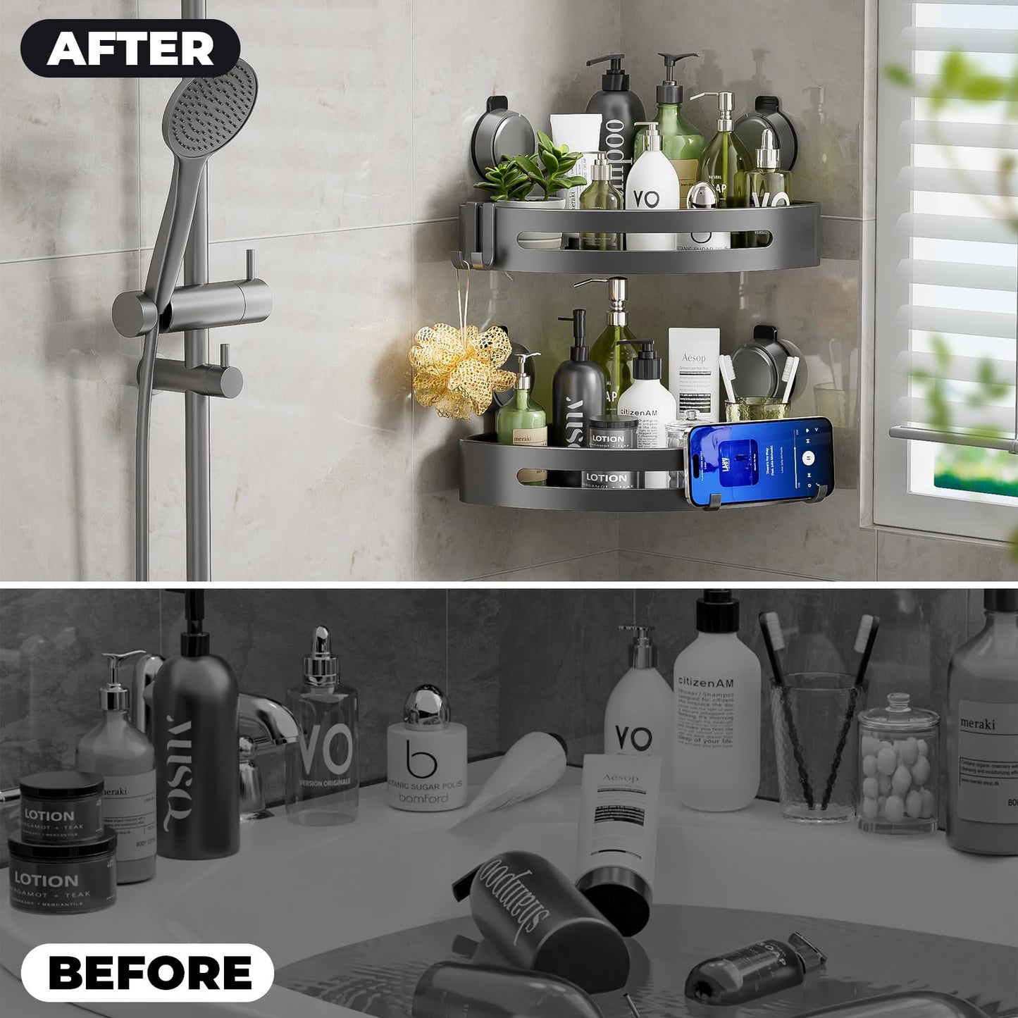 ONXE Shower Caddy Corner,Suction Cup Shower Caddy with Hooks,No Drilling Rustproof Aluminum Bathroom Organizers and Storage,Shelves for Bathroom Accessories Decor (3)