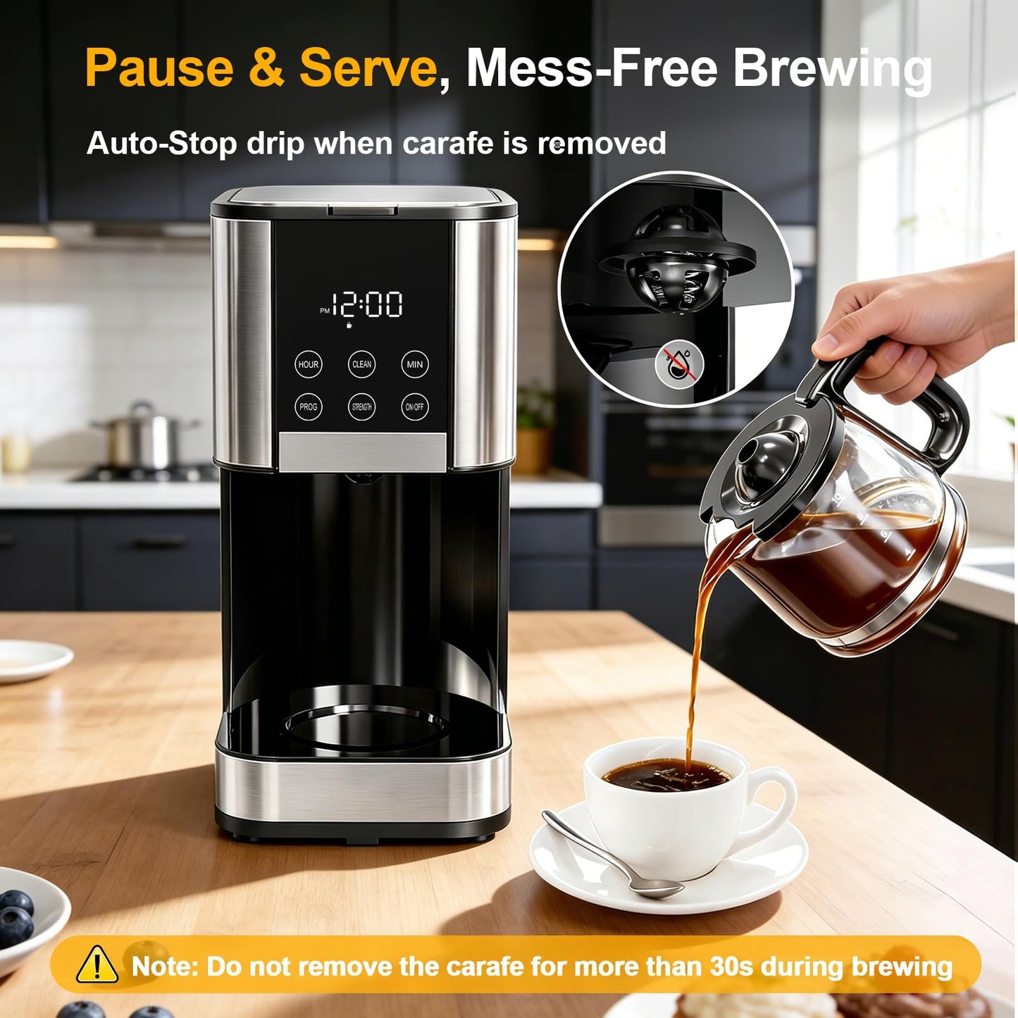 10 Cup Programmable Drip Coffee Maker, Adjustable Brew Strength, Pause & Serve, Heat Resistant Glass Carafe, Permanent Filter, Auto Shut Off, Stainless Steel, Compact Coffee Machine for Home Office