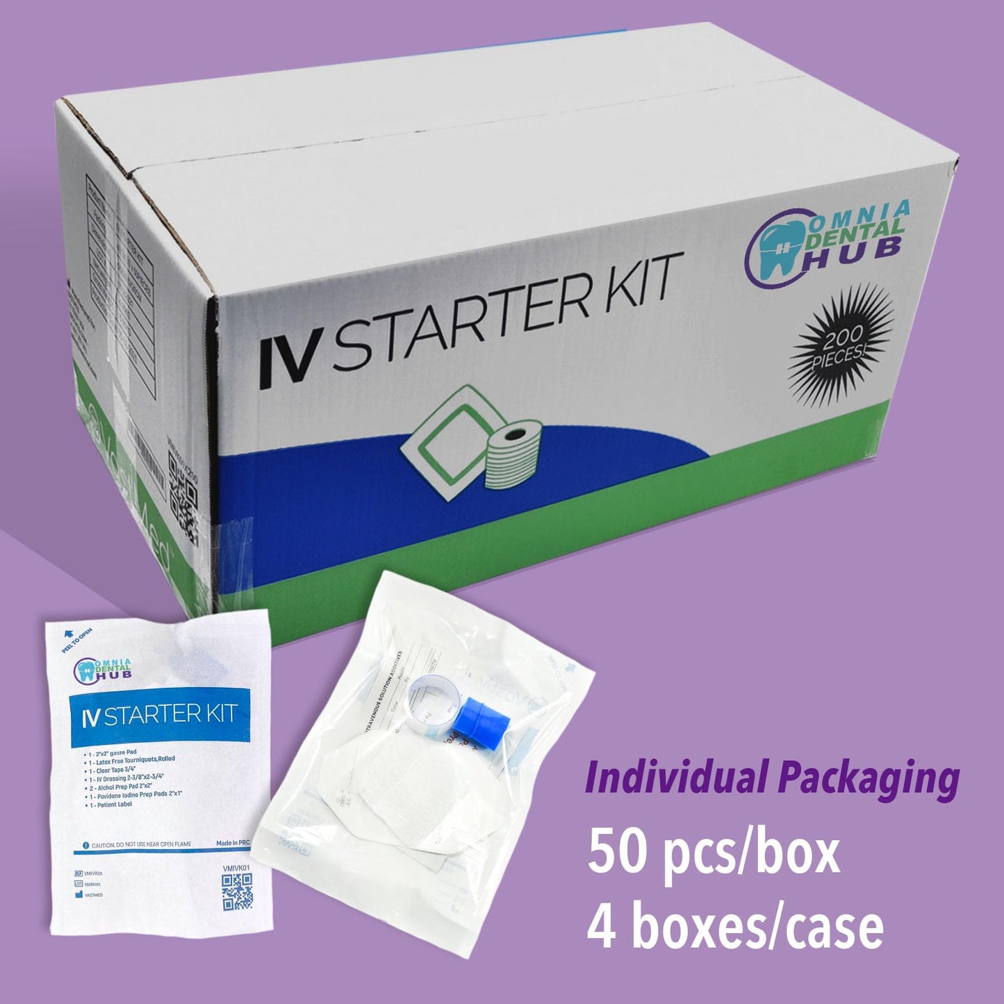 100 PCs IV Starter Kit with Gauze/Chlorascrub Swab by Omnia ONE | Sterile, Ready-to-Use – Complete Kit for IV Insertion – Essential for Medical, Hospital & Emergency Use