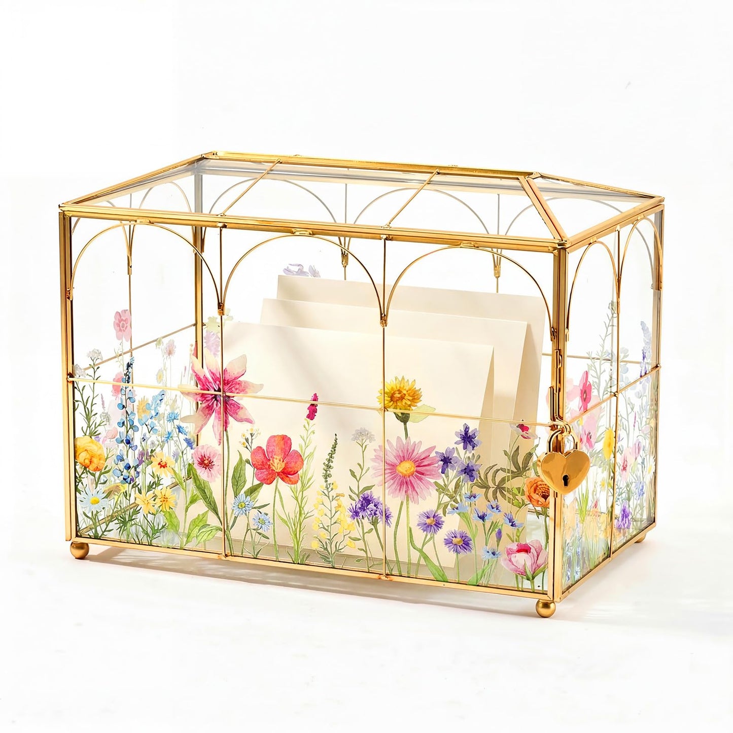 AerWo Glass Wedding Card Box with Lock, Gold Rim Gift Card Box for Wedding with Flower Patterns, Clear Wedding Card Boxes for Reception Memory Money Box for Graduation Baby Shower Birthday Party Decor