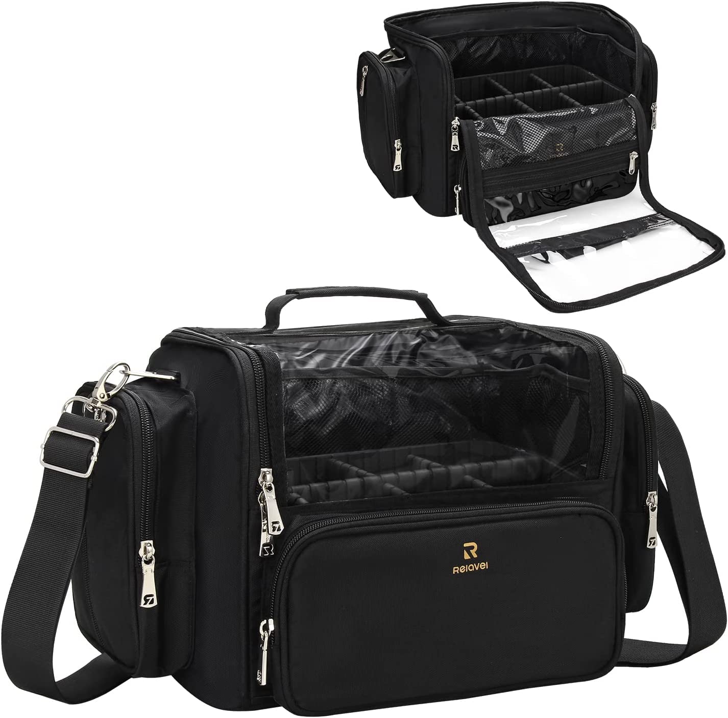 Makeup Brush Bag, Clear Makeup Brush Holder with Lid, Extra Large Capacity Travel Cosmetic Bag Makeup Artist Must Haves, Black Makeup Case, Make Up Organizers and Storage, with Adjustable Dividers