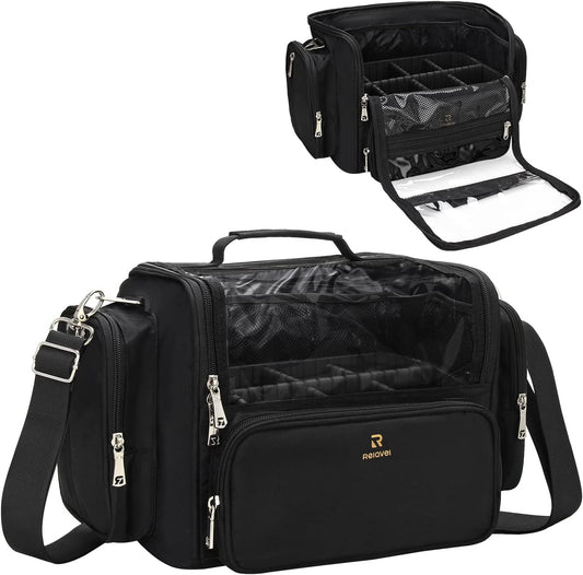 Makeup Brush Bag, Clear Makeup Brush Holder with Lid, Extra Large Capacity Travel Cosmetic Bag Makeup Artist Must Haves, Black Makeup Case, Make Up Organizers and Storage, with Adjustable Dividers