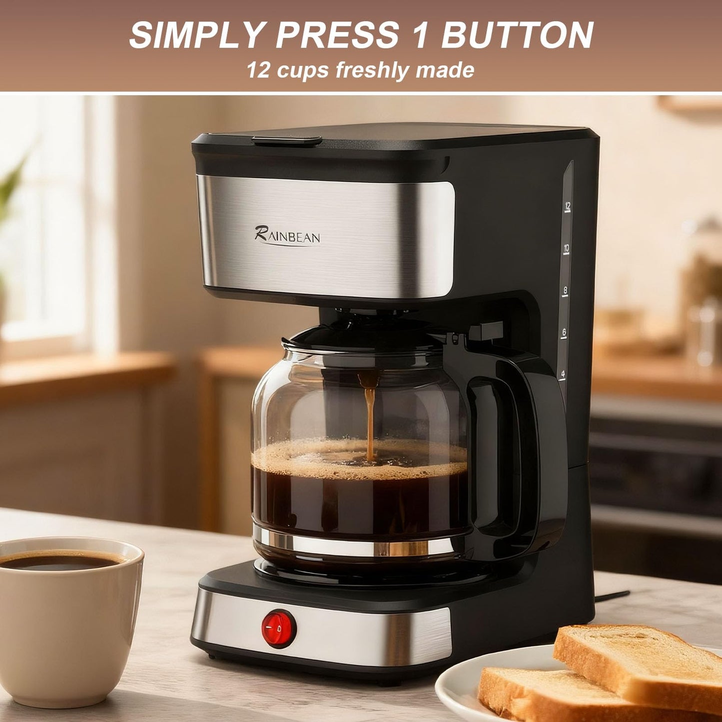 RAINBEAN 12-Cup Drip Coffee Maker,Home/Office Coffee Brewing Machine with Removable Filter,Glass Carafe and Heated Base,Black & Stainless Steel