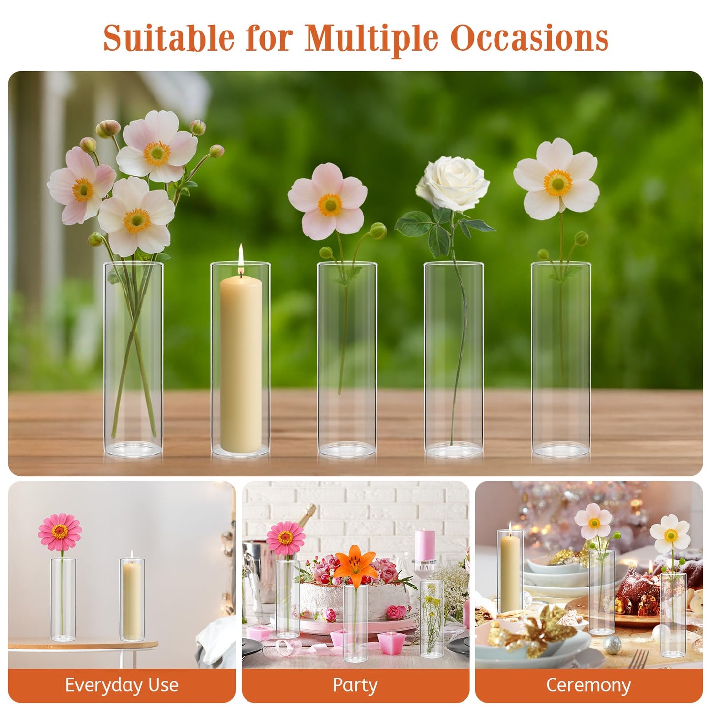 20 Pack 5.9" Tall x 1.8" Diameter Clear Glass Cylinder Vases - Multi-Use Flower Vase, Hurricane & Floating Candle Holders for Wedding Centerpieces, Home Decor, Table Displays (20)