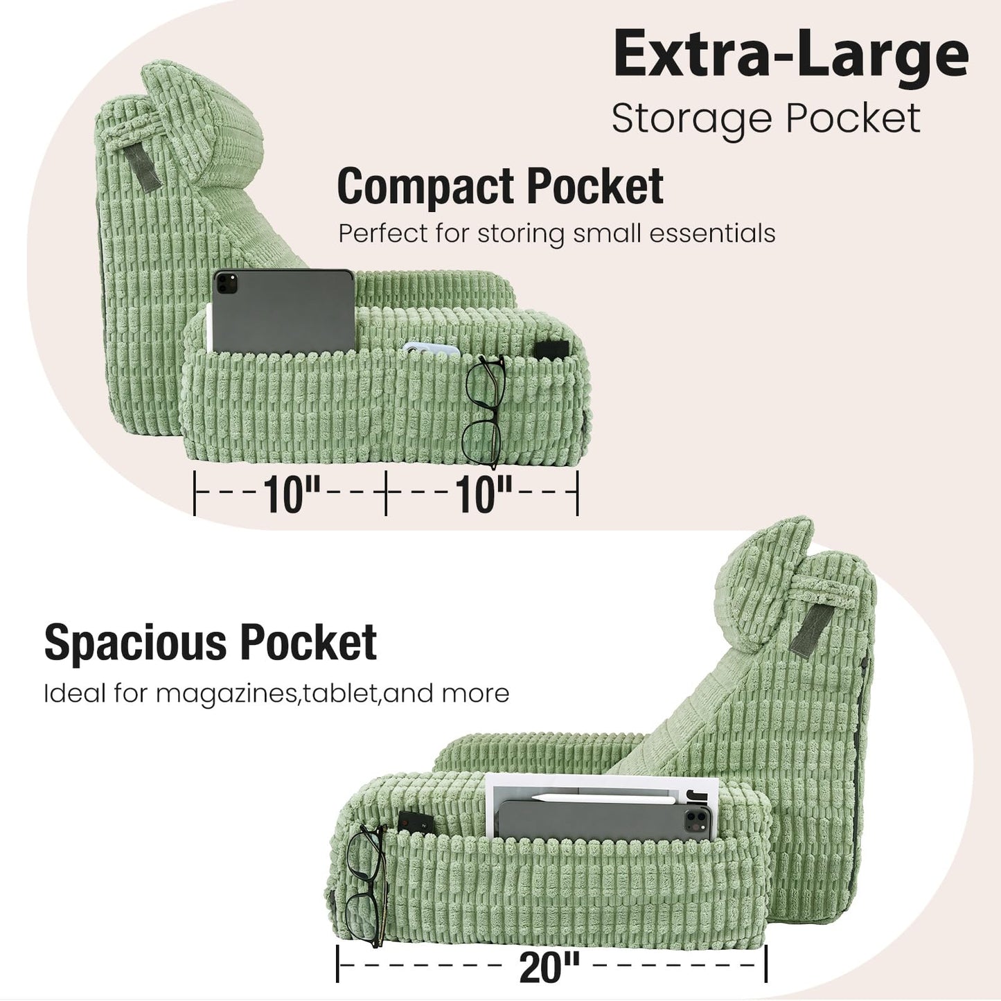 Selectico 19" Reading Pillow for Bed with Built-in Arms & Large Pockets, Supportive Backrest Cushion for Reading, Resting, or Reclining, Washable Cover – Sage Green