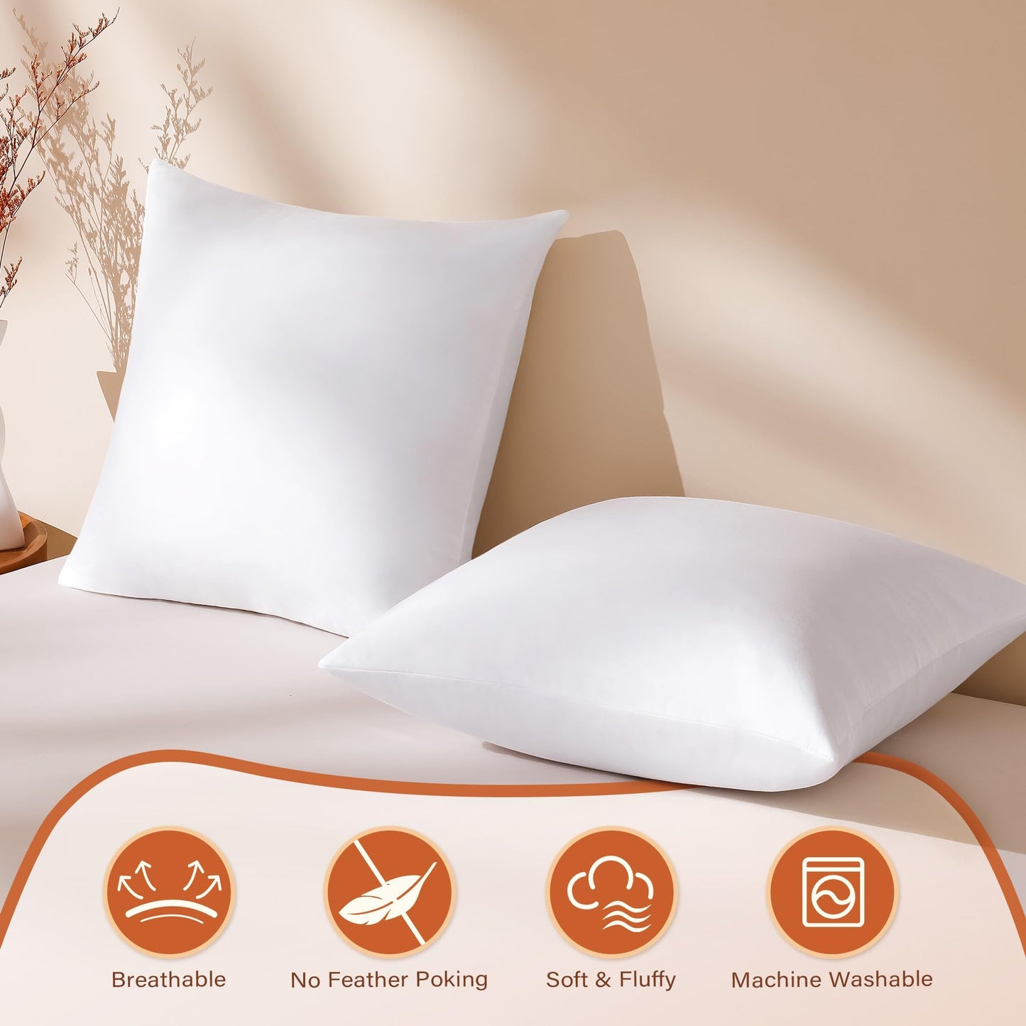 DOWNSTORIA 24x24 Euro Pillow Inserts Pack of 2, Decorative Feather Down Pillows with 100% Coton Cover,Throw Pillow for Bed, Couch and Sofa.