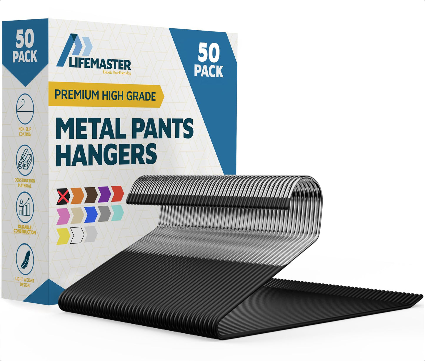 Lifemaster Metal Pants Hanger Set - 50 Pieces Elegant Non-Slip Closet Space Saving Hanger Set for Pants, Trouser, Blankets, and Jeans with Rubber Coating and Open Ended Sleek Design - Black