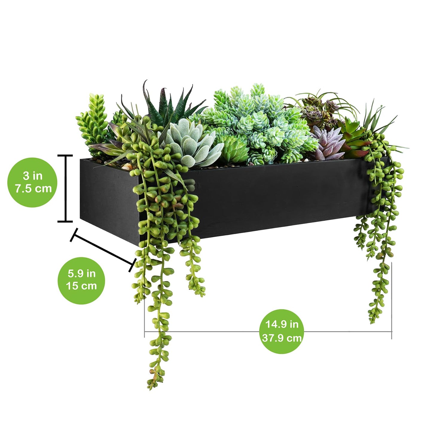 Winlyn 15" Artificial Succulents Arrangement Faux Succulents in Rectangular Black Wooden Planter Box Faux Potted Succulents Plant Garden for Gifts Home Table Centerpiece Mantel Greenery Décor