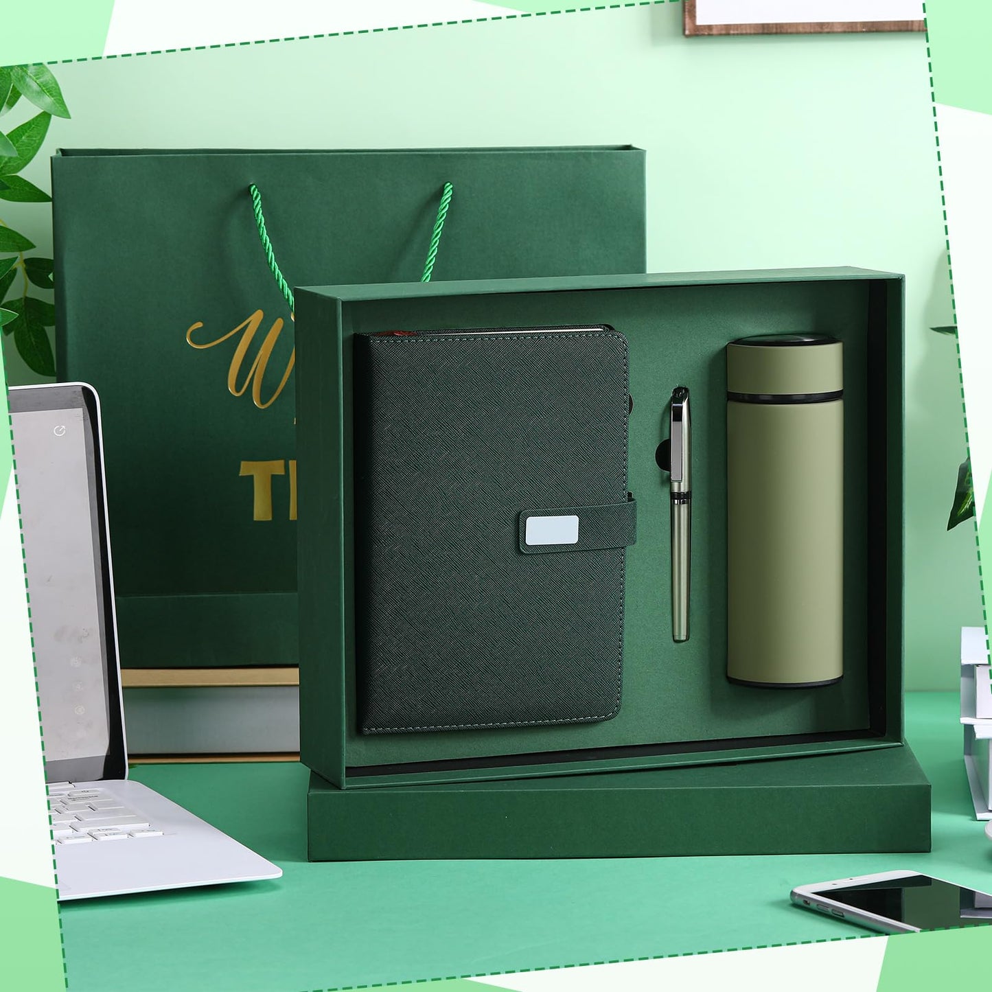 Thenshop Set of 5 New Employee Welcome to The Team Gift Sets Notebook Pen and Tumbler Welcome to The Team Box Employee Appreciation Gift Sets for New Worker Men Women Office(Green)