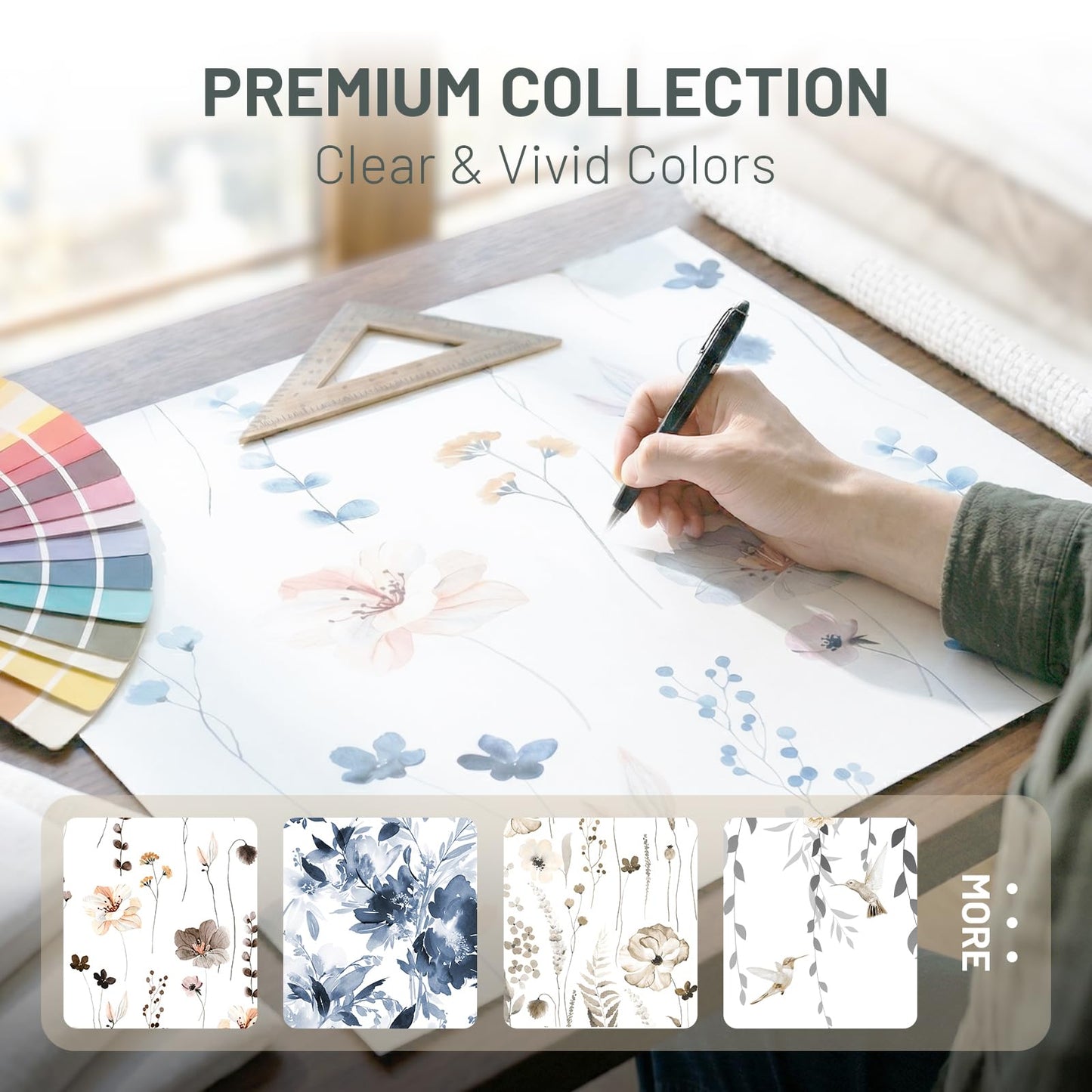 WITHLOC No Hook Shower Curtain with Snap in Liner - Watercolor Floral Shower Curtain - Fabric Waterproof Inner Liner, Plants Blue Beige Flowers White Cloth Shower Curtains Washable, 71 x 74 Inch