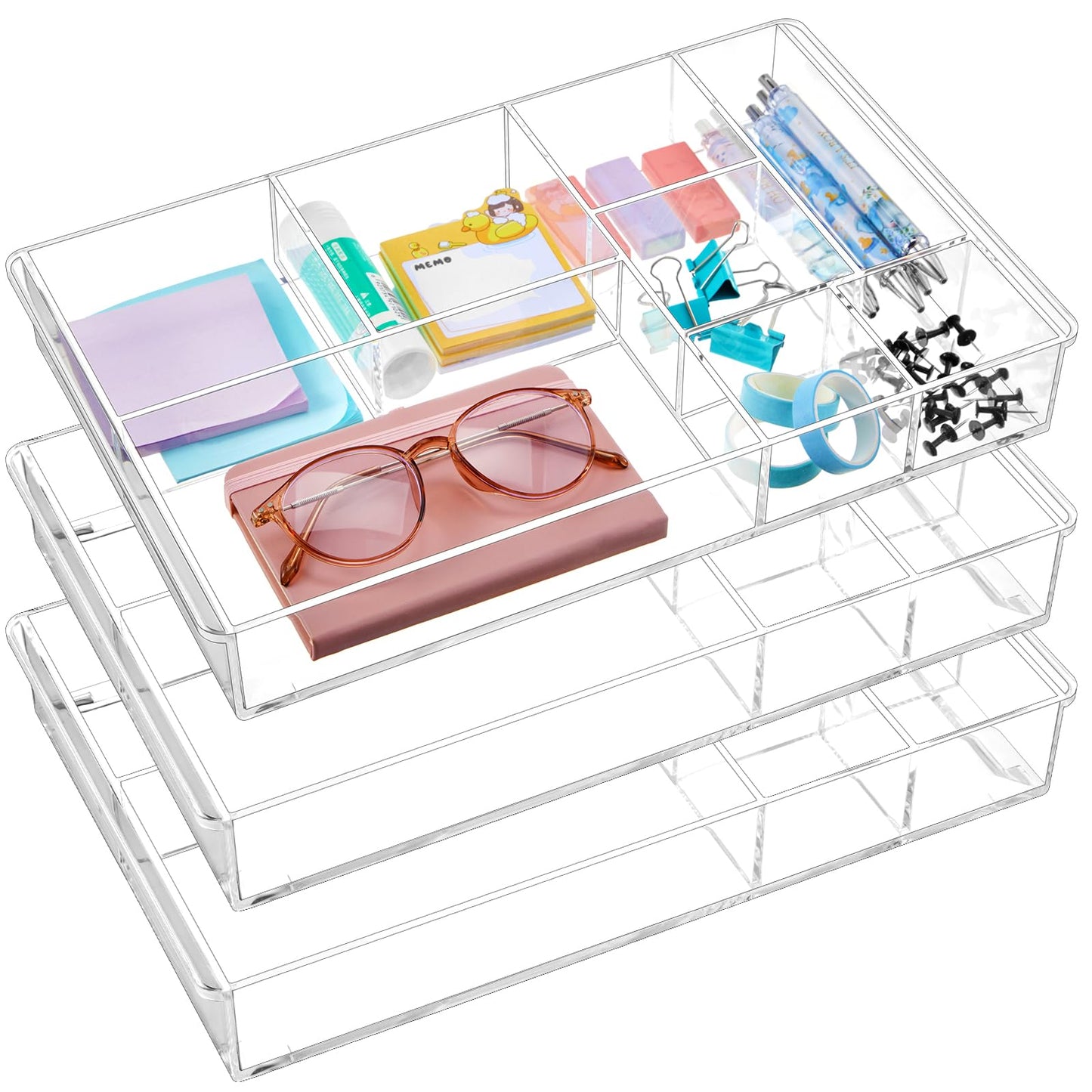 Briwooody 3 Pcs Clear Acrylic Desk Drawer Organizer 13.7 x 8.7 x 2 Inch Drawer Organizer Trays with 8 Compartments Desk Accessories for Office Makeup Silverware Bathroom