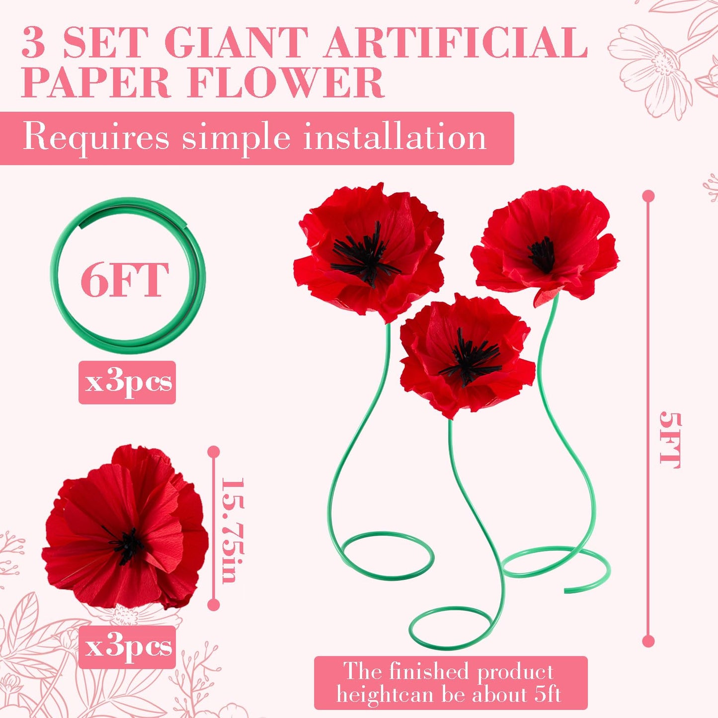 Maysing 3 Pcs 5ft Large Paper Red Poppy Flowers Halloween Giant Artificial Poppies Standing Huge Handcrafted Poppy Flowers Wicked Party Decoration for Garden Hotel Office Wicked Birthday Party Wedding