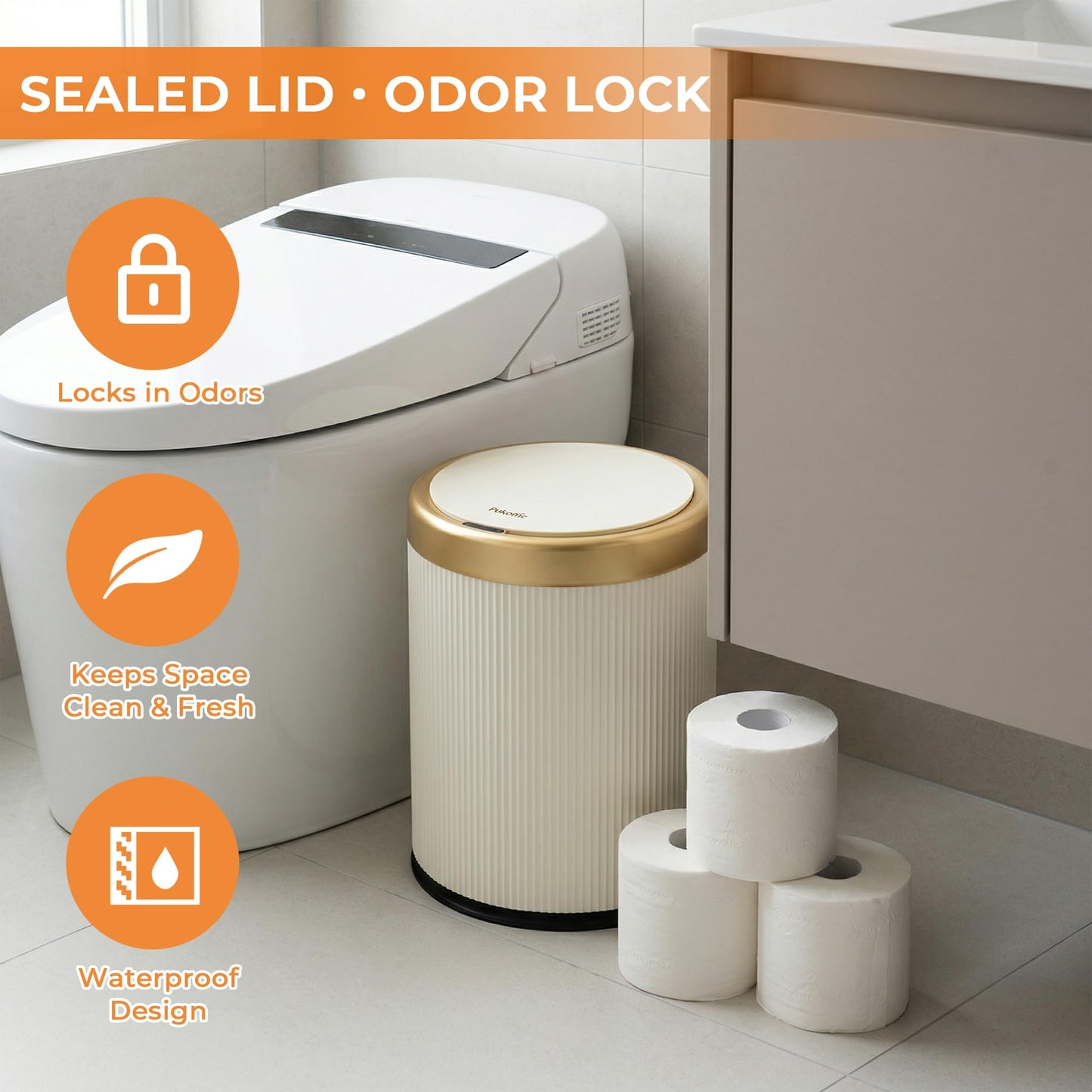 Pukomc Bathroom Trash Can with Lid，3.5 Gallon Motion Sensor Waterproof Touchless Garbage Can, Smart Plastic Trash Bins Suitable for Kitchen, Bathroom, Bedroom, Living Room, Office Beige